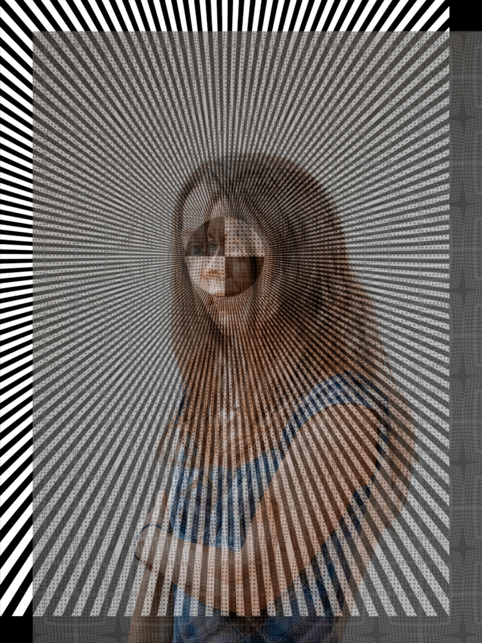 MATTHEW SWARTS CLEMENCE MG 2343b MATTHEW SWARTS A woman with long brown hair stands against a plain background. The image blends PHOTOGRAPHY and CONTEMPORARY ART, featuring black and white radiating lines and geometric patterns for a visually striking, abstract effect.