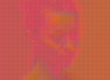 MATTHEW SWARTS A hazy, abstract portrait of a person with long hair is shown in overlapping pink and orange tones, with a grid overlay—creating a blurred VISUAL effect on a warm-colored background reminiscent of contemporary ART.