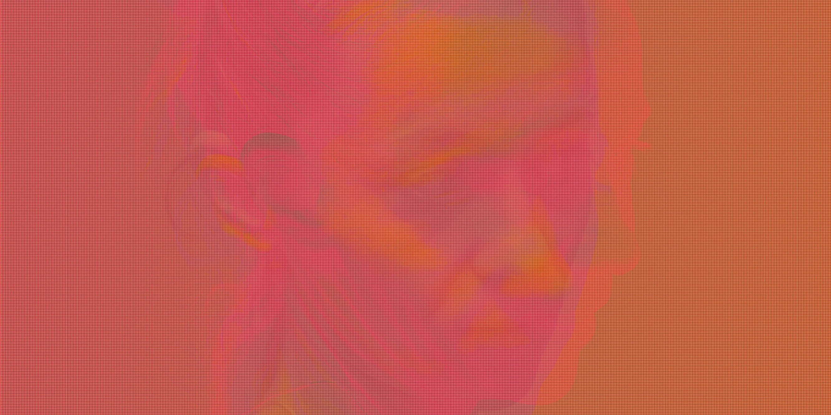 MATTHEW SWARTS A hazy, abstract portrait of a person with long hair is shown in overlapping pink and orange tones, with a grid overlay—creating a blurred VISUAL effect on a warm-colored background reminiscent of contemporary ART.