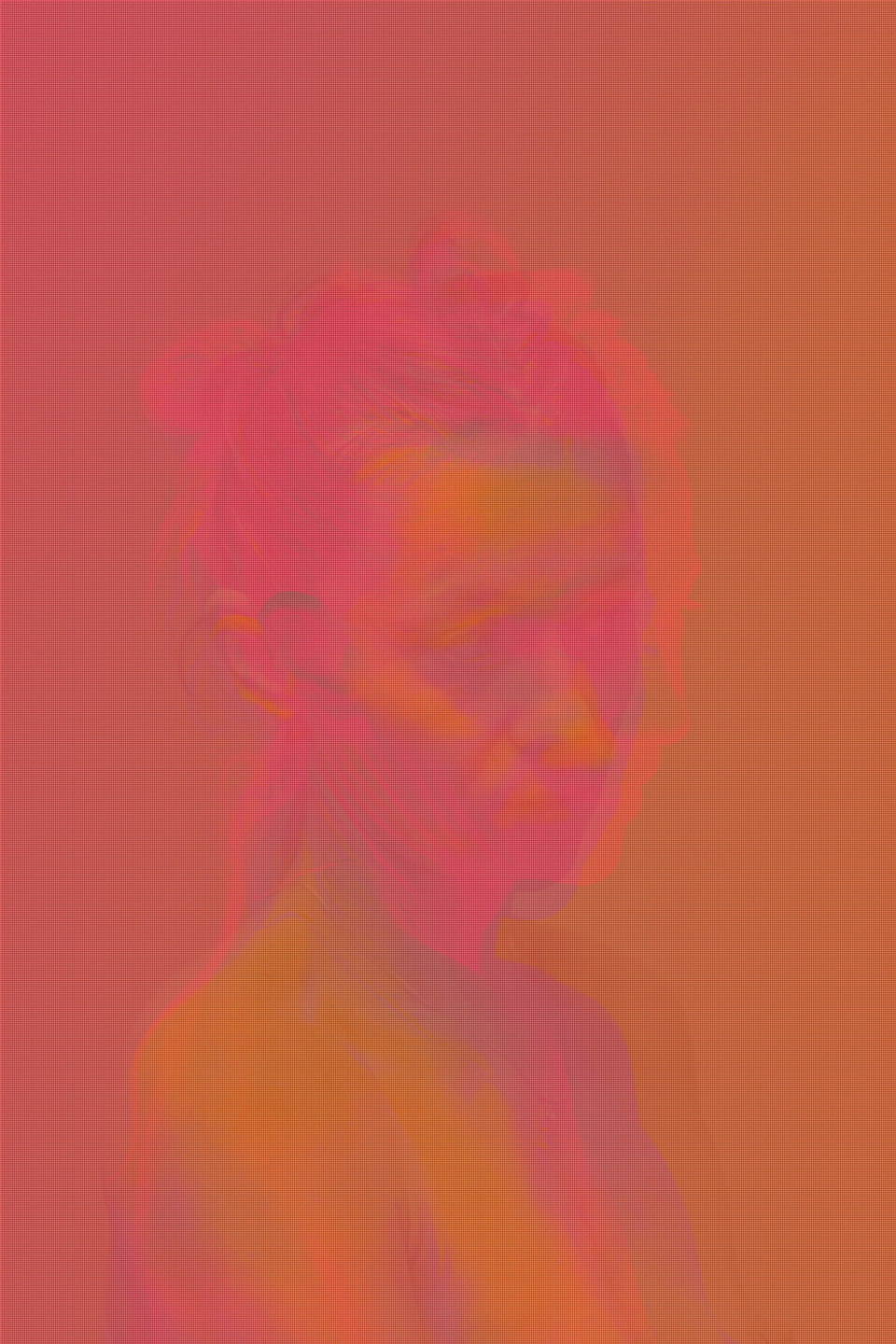 MATTHEW SWARTS A hazy, abstract portrait of a person with long hair is shown in overlapping pink and orange tones, with a grid overlay—creating a blurred VISUAL effect on a warm-colored background reminiscent of contemporary ART.