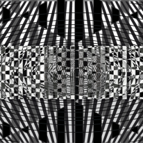 MATTHEW SWARTS ABSTRACT BLACK AND WHITE GEOMETRIC PATTERN BY ARTIST MATTHEW SWARTS, FEATURING INTERSECTING LINES, TRIANGLES, AND RECTANGLES. THIS ART PIECE SHOWCASES A DISTORTED, MIRRORED EFFECT WITH A CENTRAL BAND OF SMALL SHAPES FRAMED BY CURVED VERTICAL STRIPES.