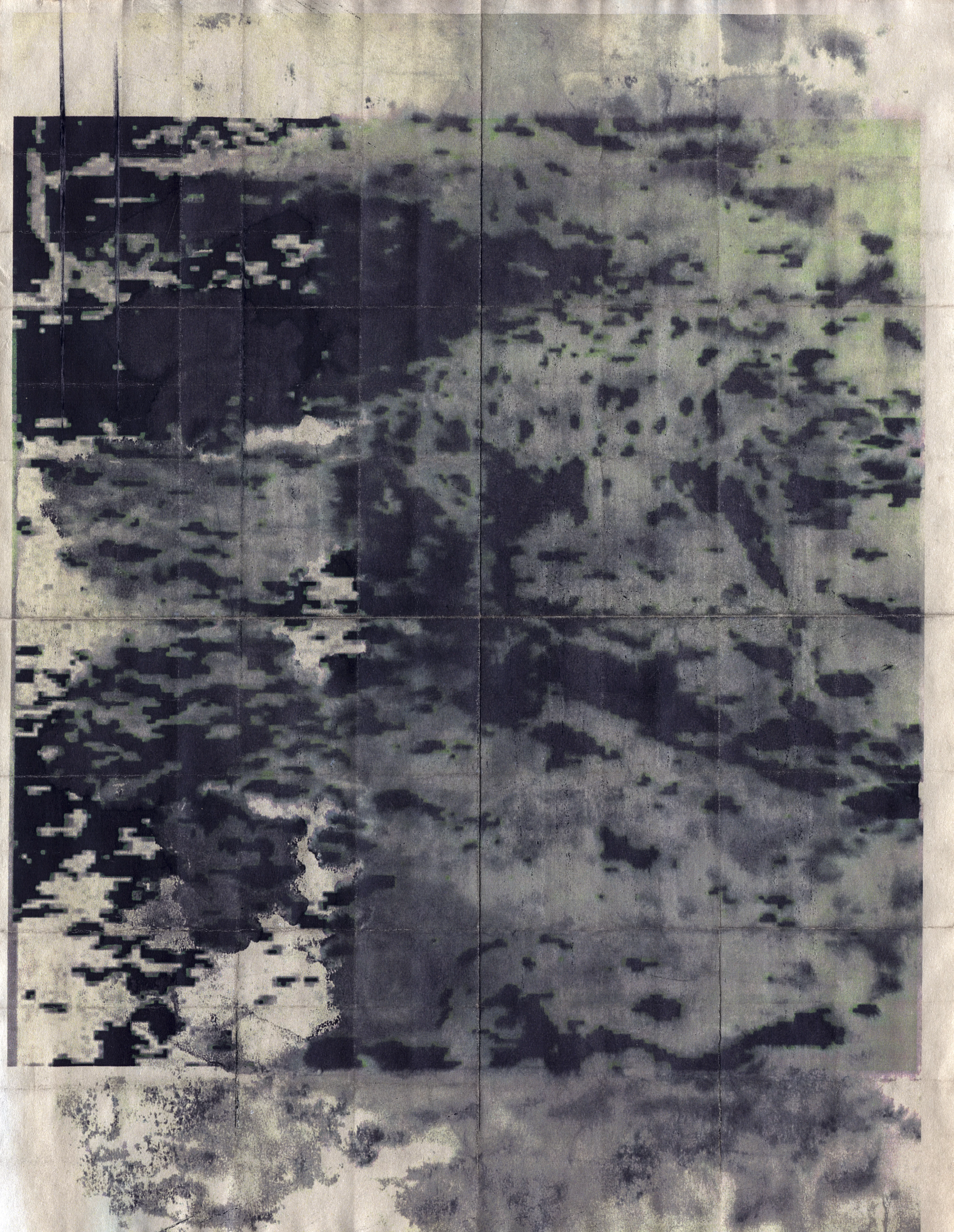 MATTHEW SWARTS An abstract, grayscale image with pixelated and distorted horizontal lines, resembling digital noise or a glitch. VISUAL ARTIST MATTHEW SWARTS creates a textured background that appears like worn or folded paper.