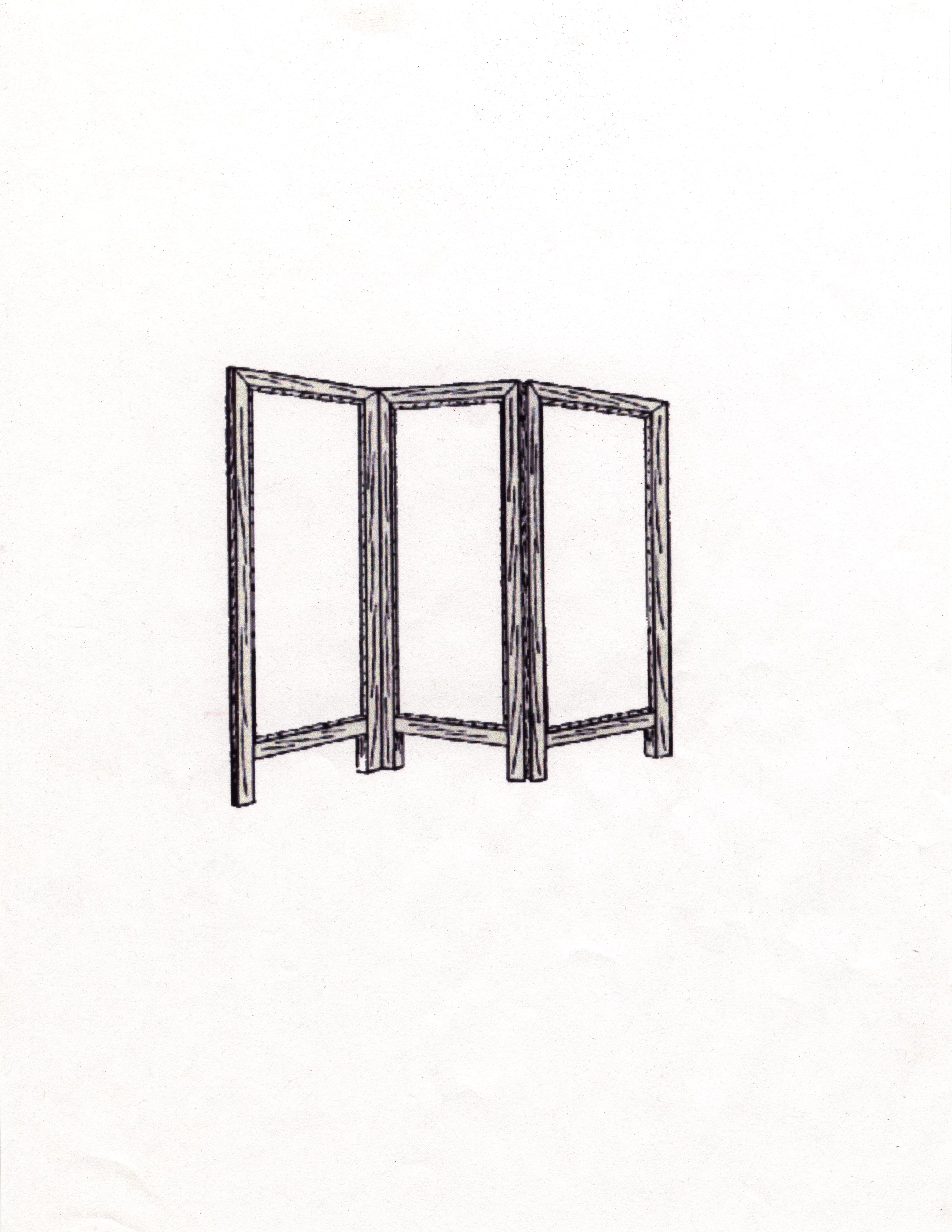 MATTHEW SWARTS A simple black-and-white line drawing of a three-panel folding room divider or screen, inspired by ART, shown standing on a blank, white background.