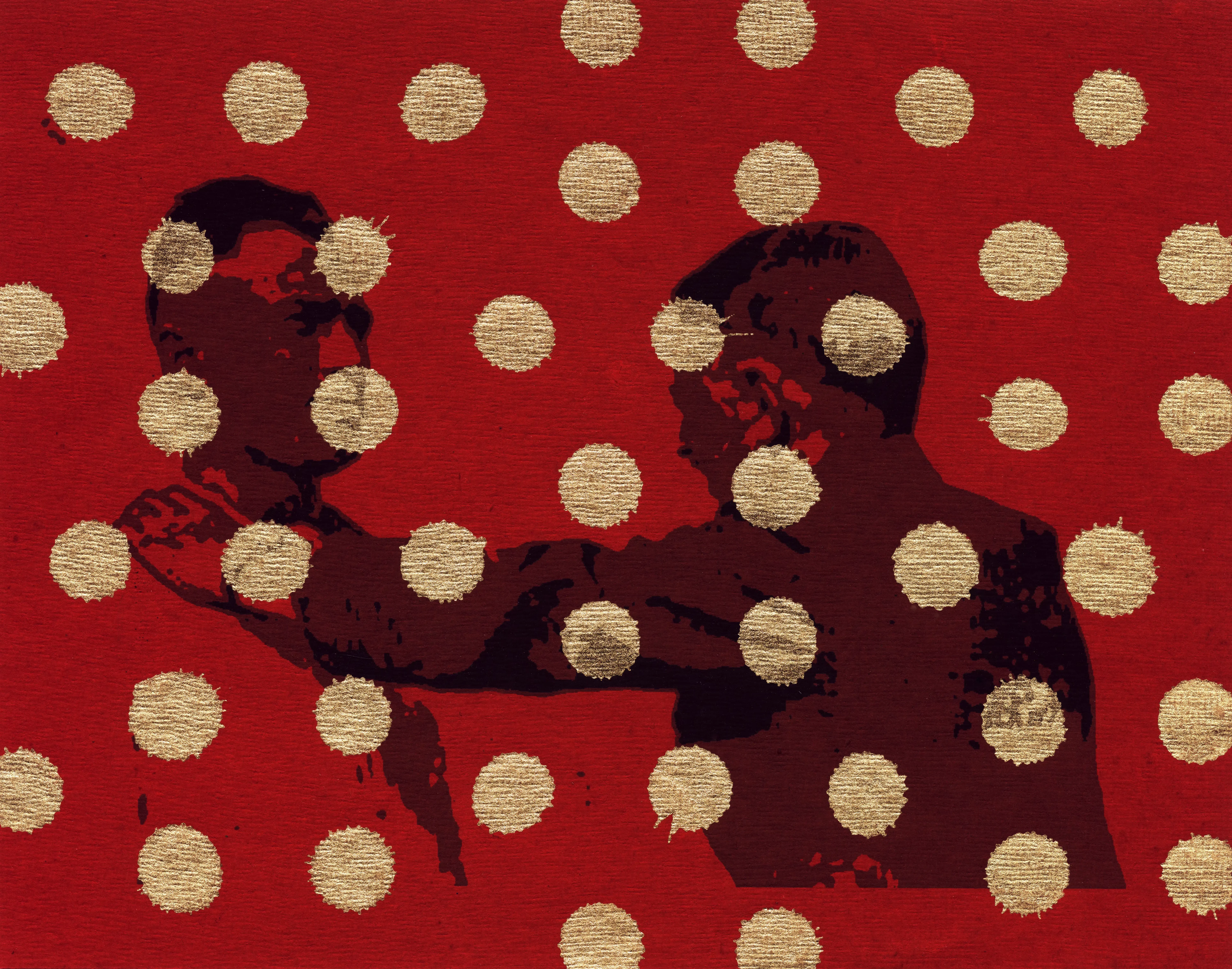 MATTHEW SWARTS Two people face each other against a red background, with one touching the other's shoulder. The image by MATTHEW SWARTS features large gold polka dots, adding a textured, artistic effect that defines contemporary photography.