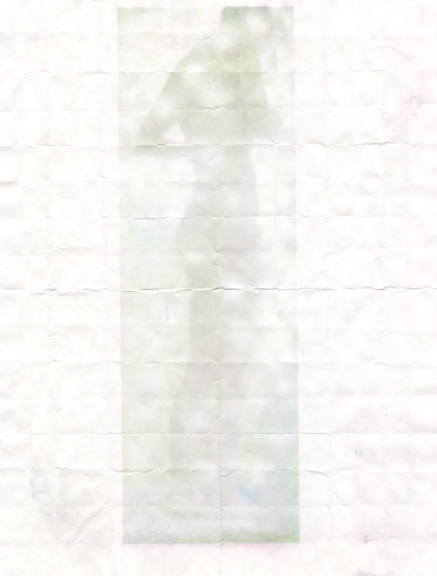 MATTHEW SWARTS A faint, blurred silhouette of a standing person is visible at the center of a white, crumpled-paper background—a signature style often seen in MATTHEW SWARTS’ PHOTOGRAPHY as an artist exploring abstraction and anonymity.