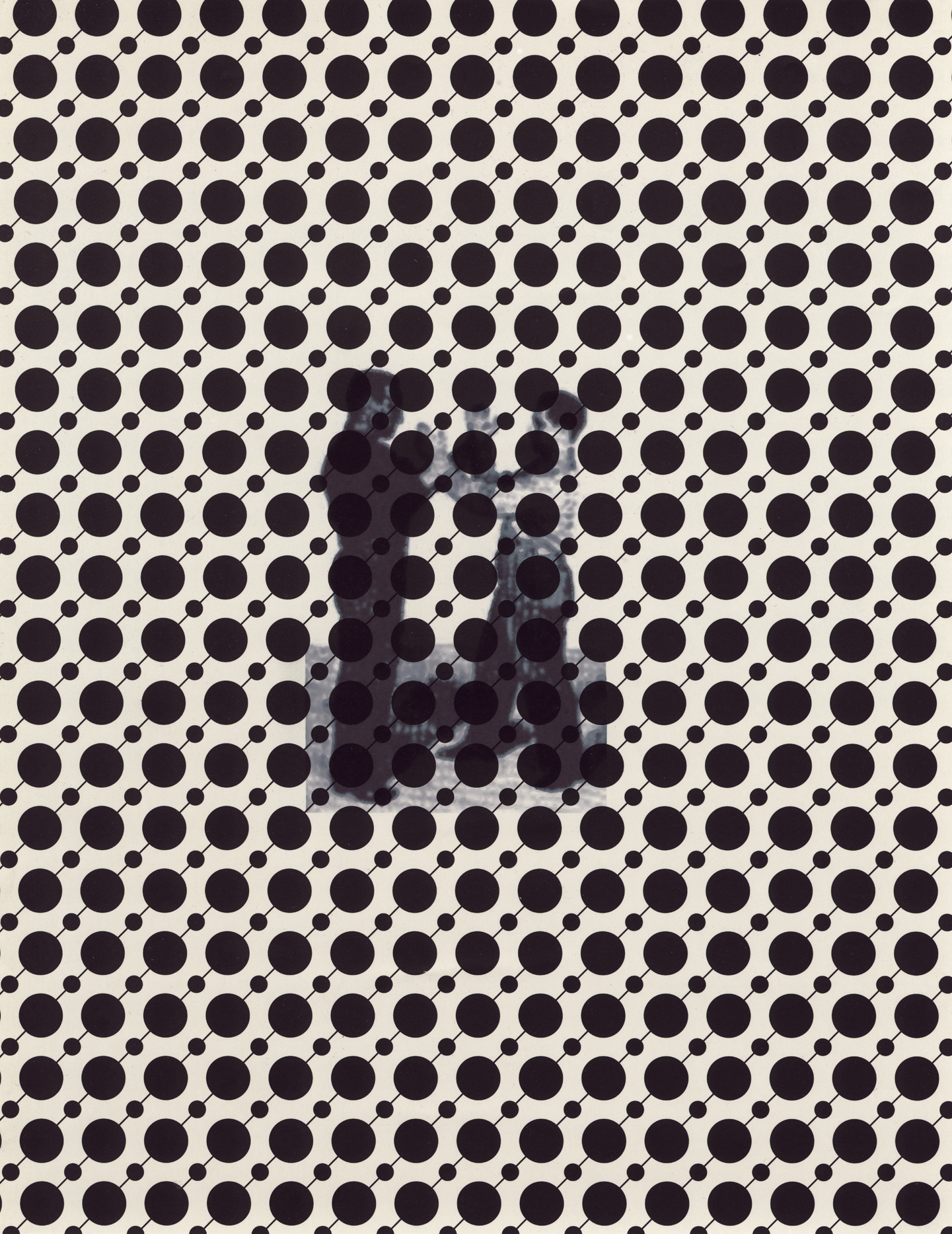 MATTHEW SWARTS Two silhouetted people face each other inside a rectangular frame, set against a background of evenly spaced black dots on a white surface, creating an optical illusion effect that highlights striking visual art elements.