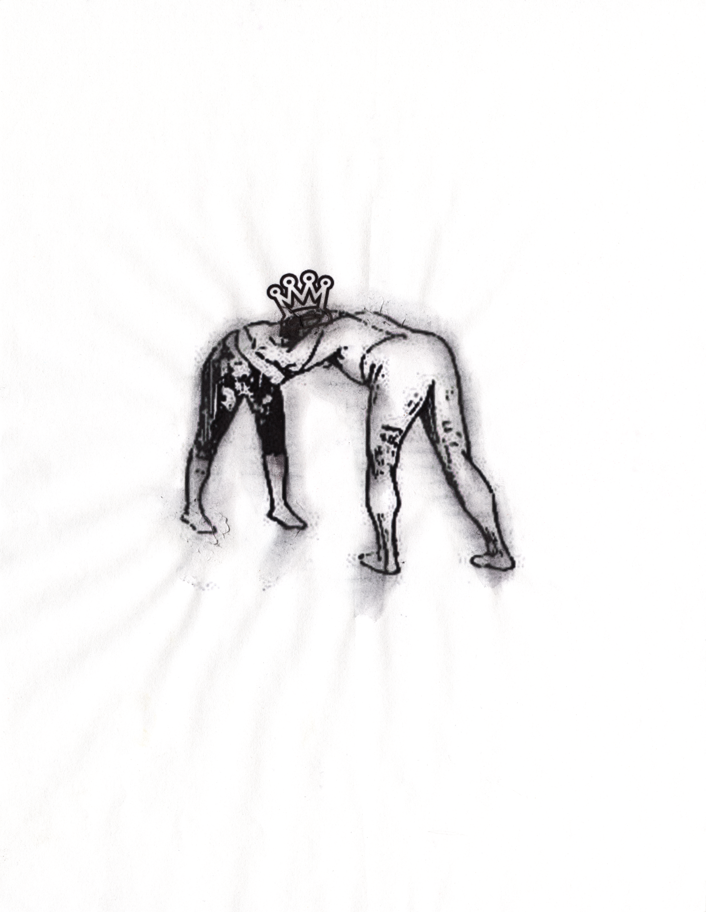 MATTHEW SWARTS Two figures are wrestling, both bent forward with hands locked on each others necks. One wears a crown. This contemporary illustration is simple, black and white, with subtle texture radiating outward.