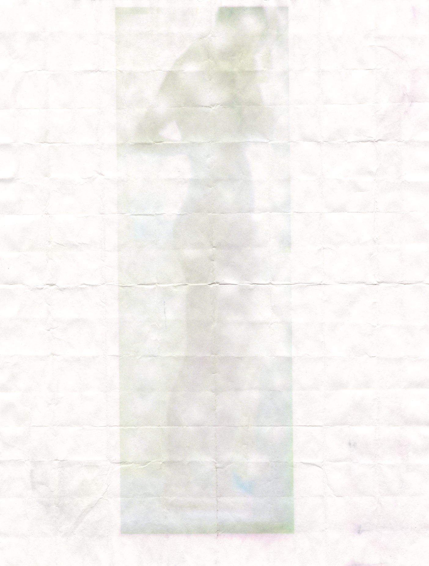 MATTHEW SWARTS A faint, blurred silhouette of a standing person is visible against a white, textured, grid-patterned background—a signature element in MATTHEW SWARTS's evocative ART. The image is faded and lacks clear details.