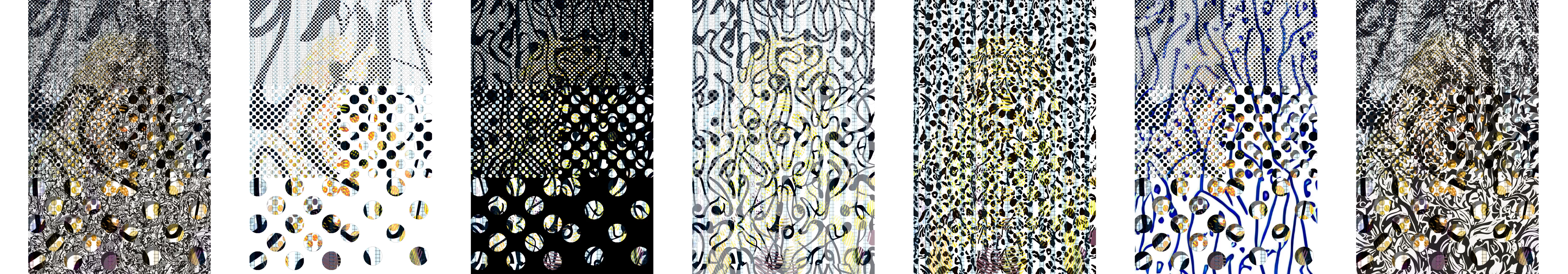 MATTHEW SWARTS Seven vertical panels display abstract patterns with intricate geometric and organic shapes. Each panel varies in color and texture, blending black, white, gold, and blue tones with layered motifs that reflect Matthew Swarts' distinct visual photography style.