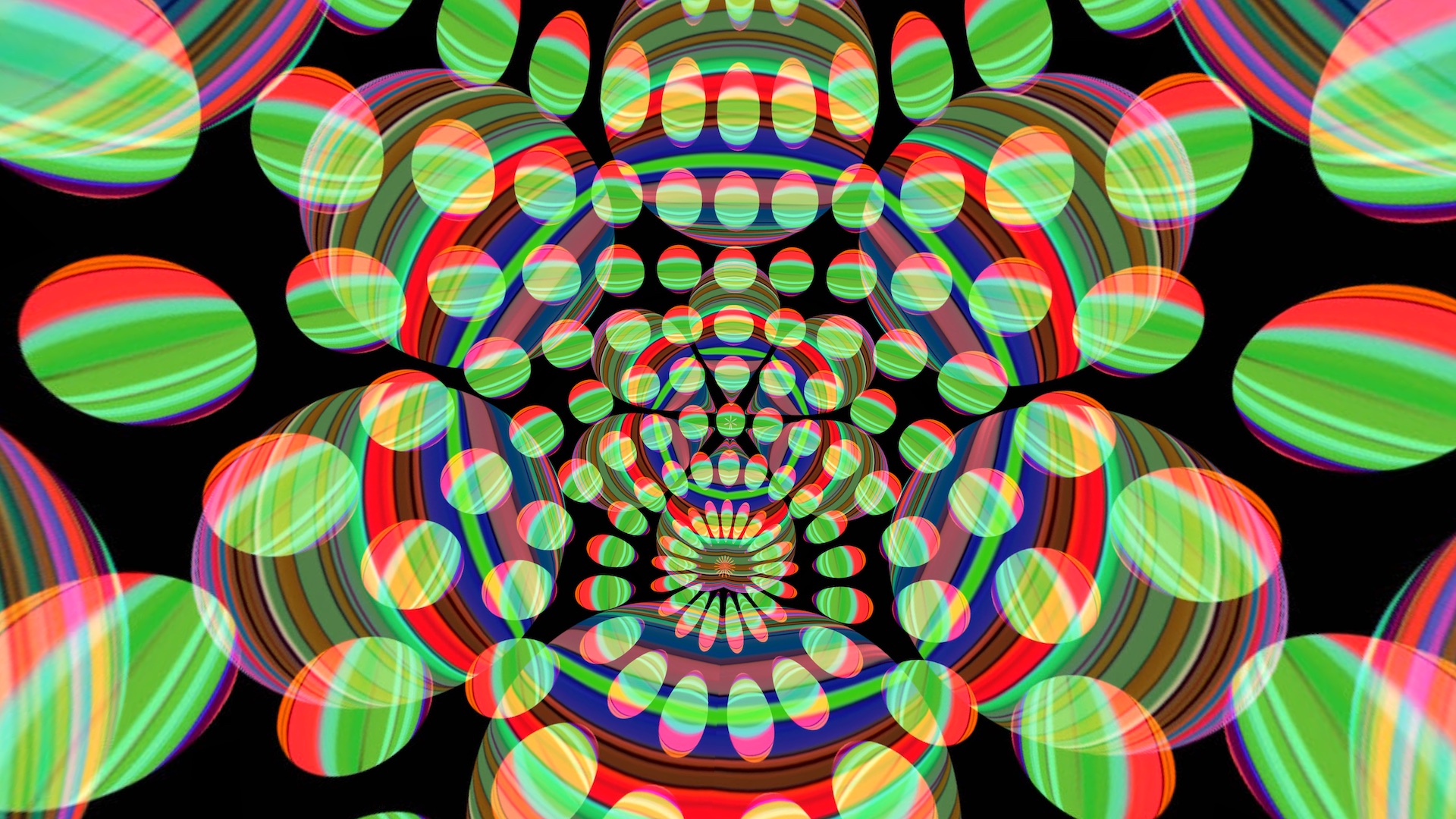 MATTHEW SWARTS Contemporary digital art featuring numerous overlapping, multicolored striped spheres and circles in red, green, yellow, and blue, arranged in a tunnel-like, symmetrical pattern on a black background.