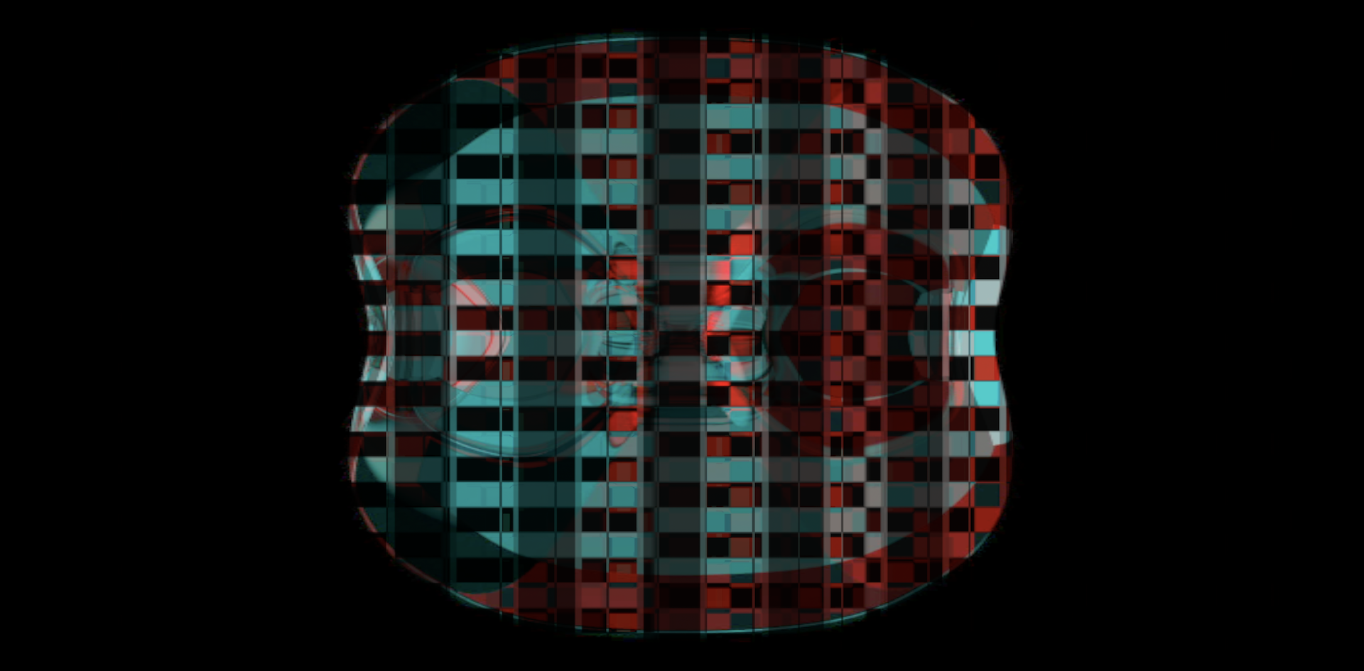 MATTHEW SWARTS A geometric abstract shape with rounded edges, featuring a grid pattern of red, blue, black, and gray squares on a solid black background. This contemporary design creates a striking three-dimensional, optical illusion effect.