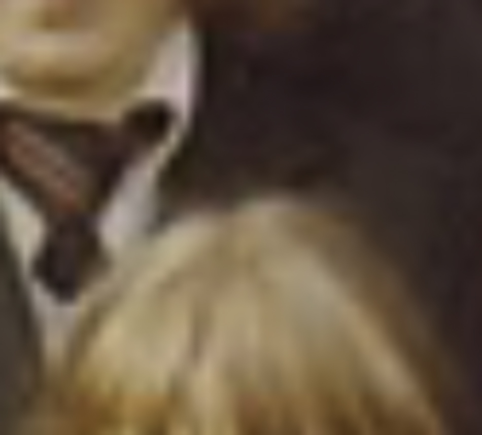 MATTHEW SWARTS A blurry close-up image shows part of a person in a suit and tie above another with light brown hair. The out-of-focus effect gives the photo a contemporary, almost abstract art quality, making facial details unclear.