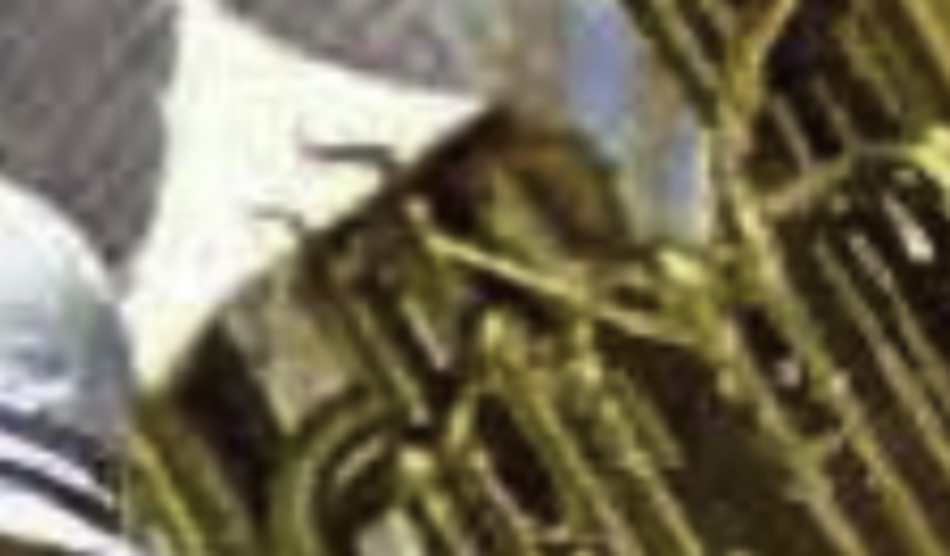 MATTHEW SWARTS A contemporary close-up of shiny brass musical instruments, possibly tubas or euphoniums, with blurred background elements including a white marching band hat—captured through the artistic eye of the photographer.