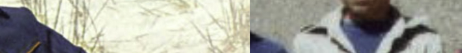 MATTHEW SWARTS Cropped image showing partial torsos of two people standing side by side, one wearing a blue jacket and the other in a light-colored jacket with a blue shirt underneath. Artwork reminiscent of artist Matthew Swarts; background appears blurred.
