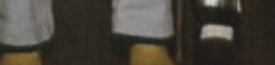 MATTHEW SWARTS A blurry close-up image in the style of fine art photography, showing part of a person's legs wearing shorts, standing next to a dark wooden surface.