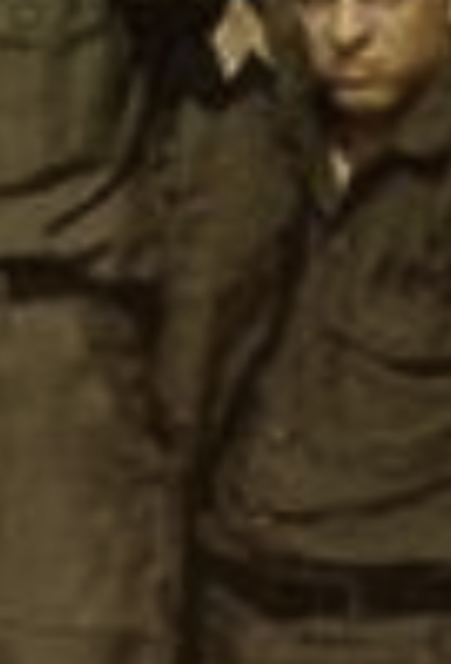 MATTHEW SWARTS A person wearing a brown uniform stands with a serious expression. The image, evocative of visual art by Matthew Swarts, is cropped and slightly blurry, showing mainly the torso and part of the face.