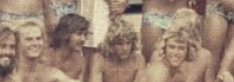MATTHEW SWARTS A group of young people in swimsuits pose closely together outdoors, smiling. The photo appears vintage, with faded colors and a warm tone—reflecting the nostalgic style often explored by contemporary artist Matthew Swarts.