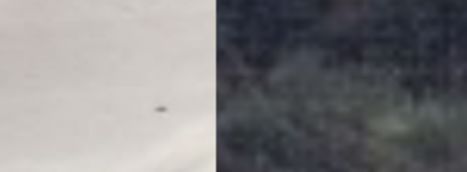 MATTHEW SWARTS A split image in the style of fine art photography by Matthew Swarts, showing a sandy, light-colored surface with a dark speck on the left and a darker, possibly grassy or textured visual art surface on the right.