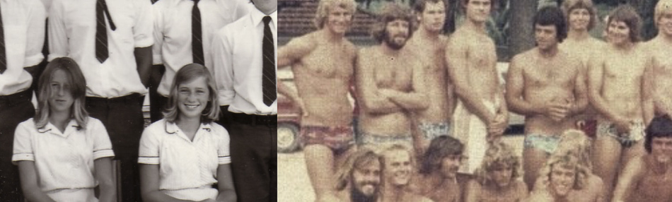 MATTHEW SWARTS Split image: on the left, two girls in white uniforms sit with others behind them; on the right, a group of shirtless men in patterned swim trunks pose outdoors. The vintage photos evoke an ARTIST’s eye for composition and storytelling.