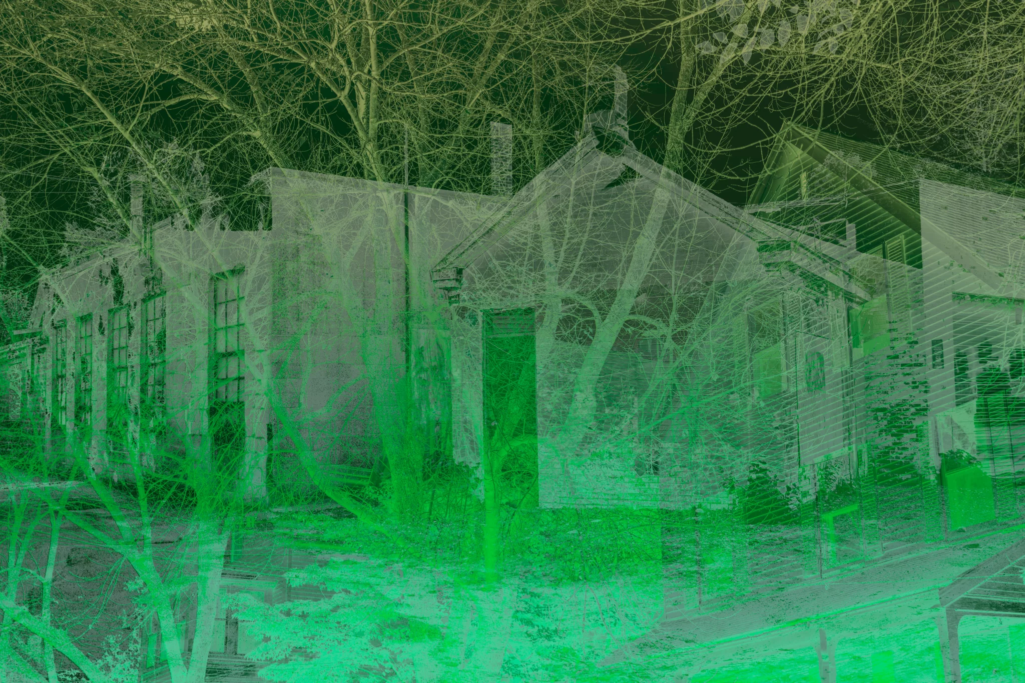 MATTHEW SWARTS Two old buildings with brick walls and large windows stand among leafless trees. This contemporary photography image is tinted green and partially transparent, creating a ghostly, surreal visual effect.