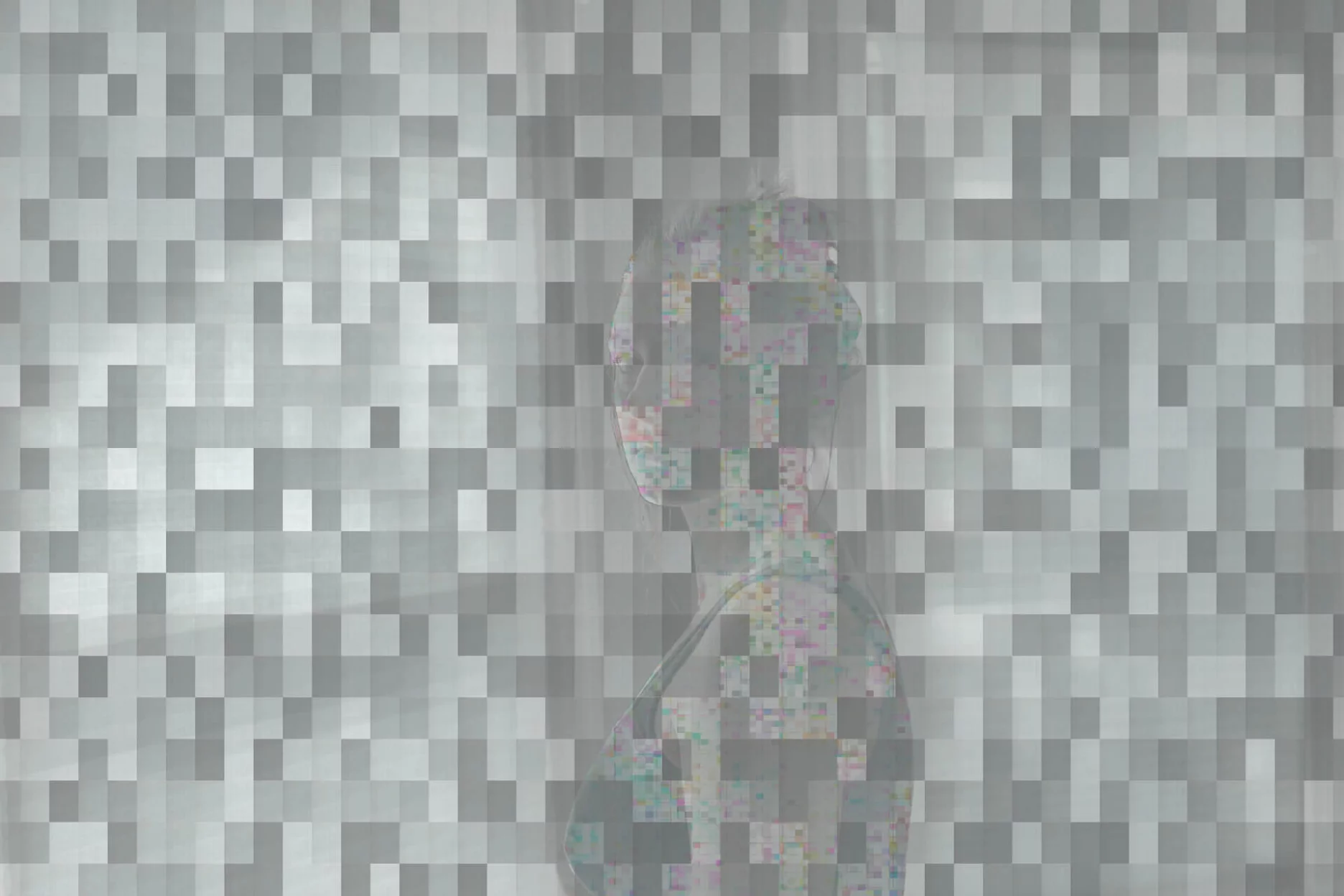 MATTHEW SWARTS A silhouette of a person stands against a light background, partly obscured by a grid of translucent, pixelated squares that create a digital, abstract effect—a signature style of artist and photographer Matthew Swarts.