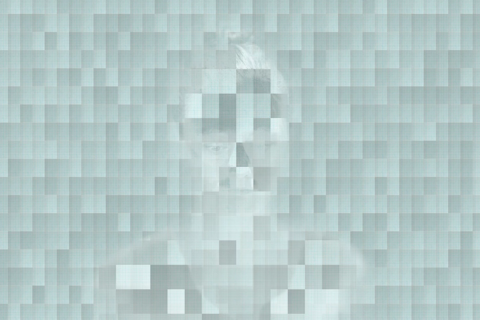 MATTHEW SWARTS A pixelated, translucent image of a person, partially obscured by a grid of square blocks in shades of gray and light blue, creating a digital, abstract effect reminiscent of contemporary visual art.