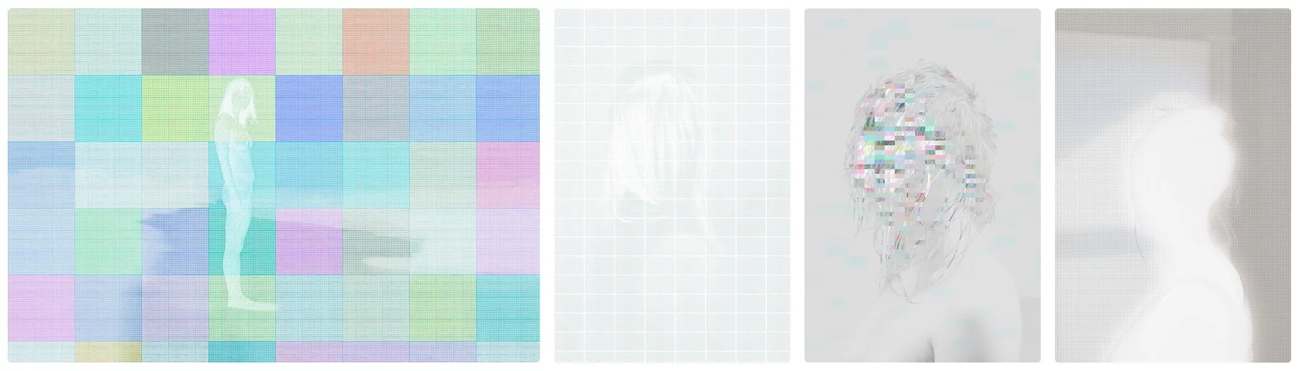 MATTHEW SWARTS Four abstract portraits: the first with colorful squares overlaying a faint figure, the second mostly white with grid patterns, the third a digital face with pixel details, and the fourth a blurry, faceless white silhouette—true ARTIST-driven visual explorations.