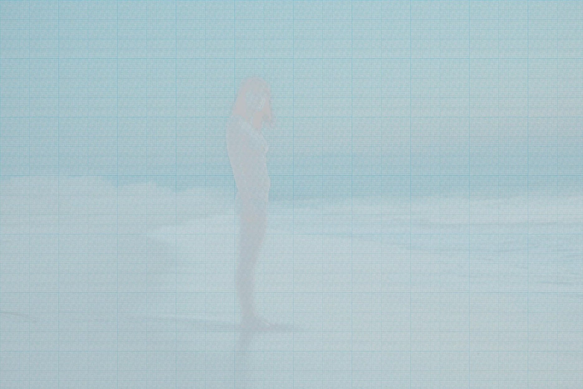 MATTHEW SWARTS A person stands at the edge of the ocean on a beach, looking down. The faded image with a blue tint and faint grid overlay evokes a dreamy, contemporary photography style.