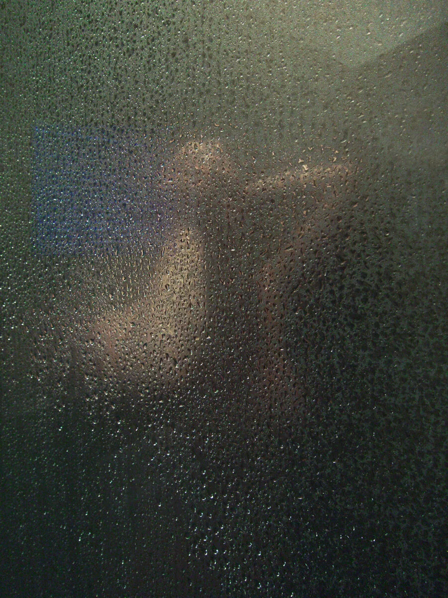 MATTHEW SWARTS A VISUAL scene shows a person through a foggy, wet glass surface, water droplets obscuring their features. Their outline and raised arm appear faintly through the condensation—an image reminiscent of MATTHEW SWARTS' ART.