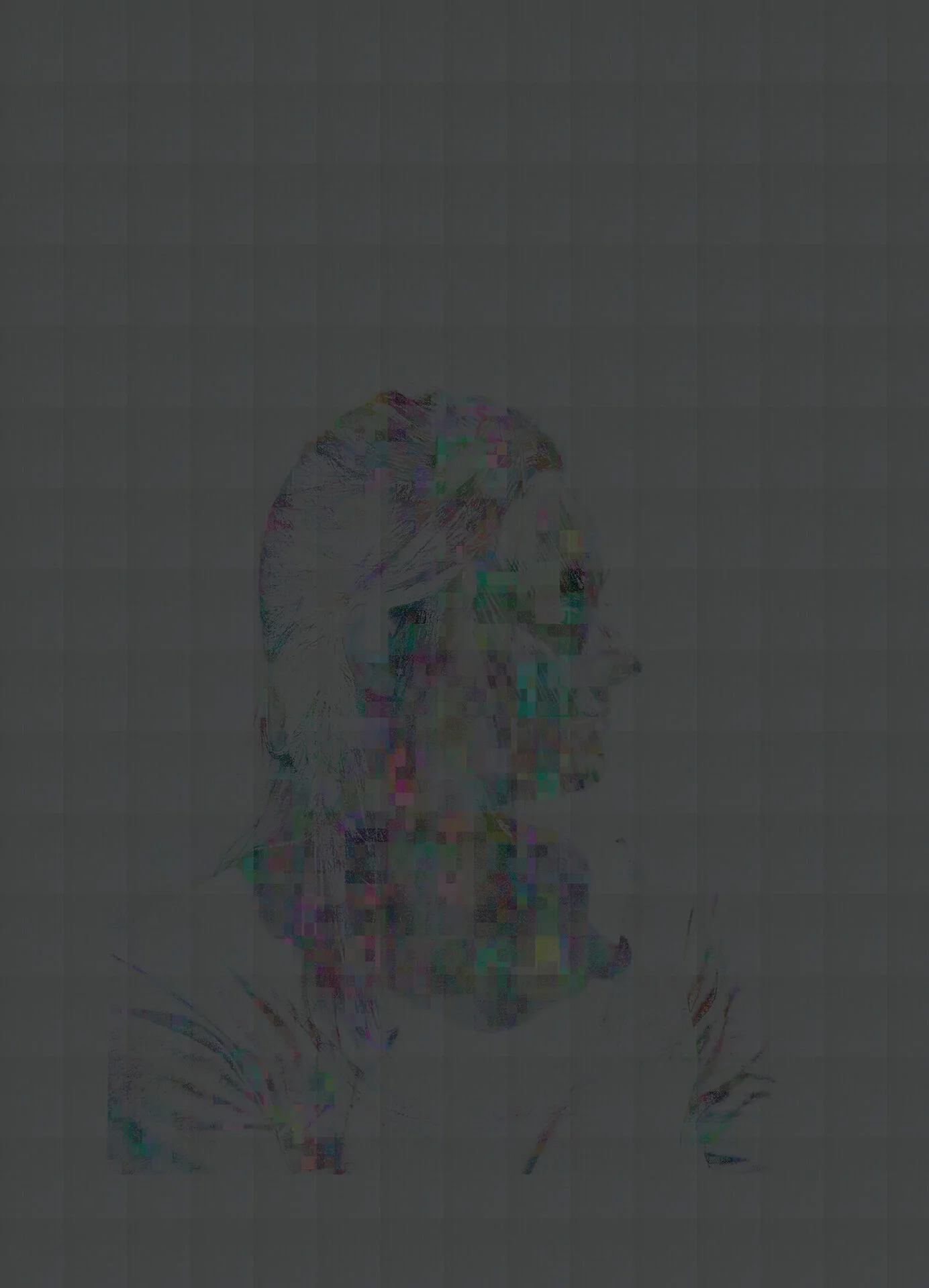 MATTHEW SWARTS A pixelated and partially distorted image of a person in profile, facing right, with long hair. This contemporary visual appears faded and is overlaid with colorful digital noise.