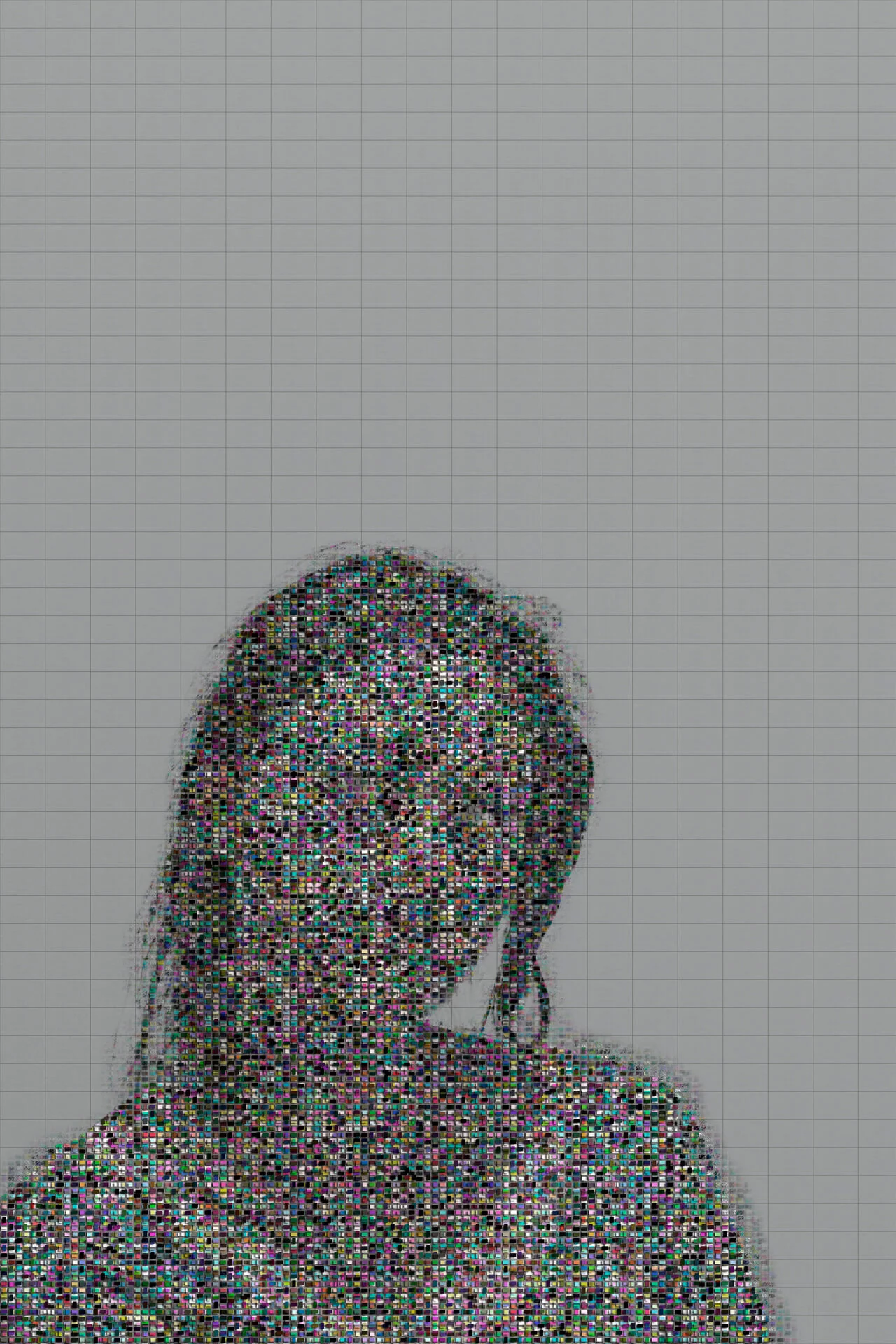 MATTHEW SWARTS A pixelated image by artist Matthew Swarts set against a grid background, making facial features and details indistinguishable. The person appears to be facing the camera with their head slightly tilted.