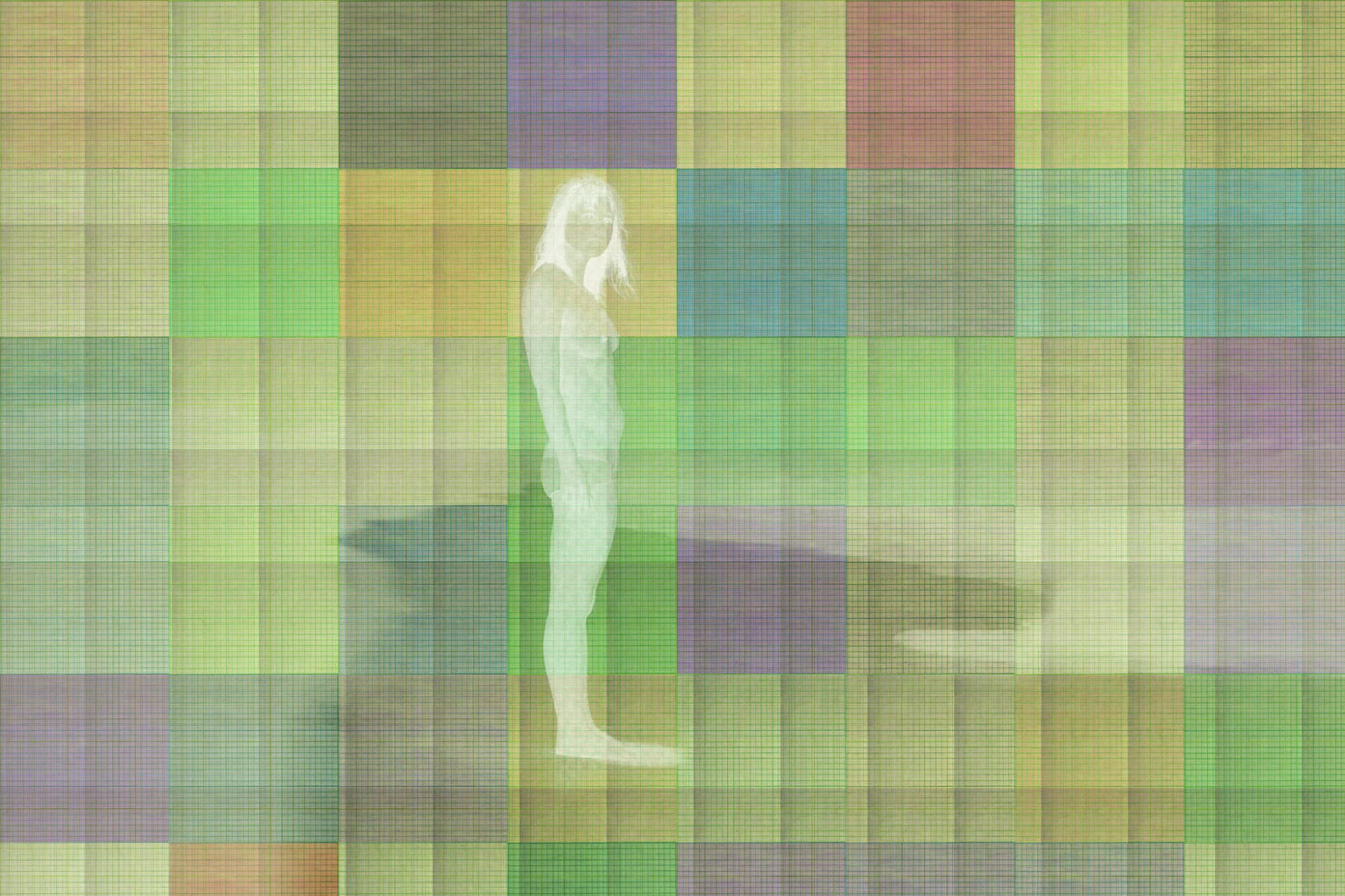 MATTHEW SWARTS A translucent figure of a person stands in profile against a background of colorful, semi-transparent squares arranged in a grid pattern, creating an abstract and layered effect reminiscent of FINE ART PHOTOGRAPHY.