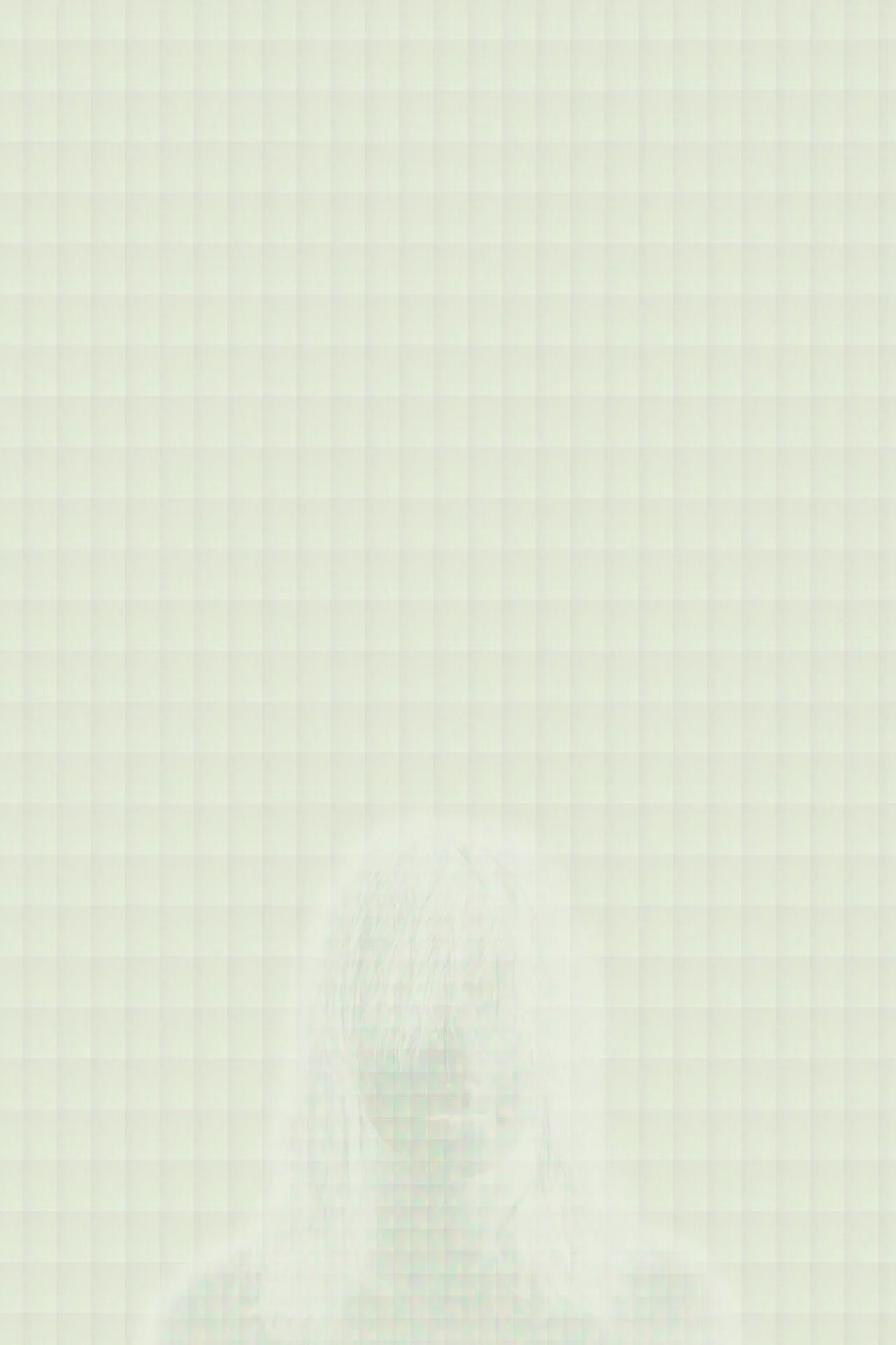 MATTHEW SWARTS A faint, ghostly figure appears at the bottom of a pale, grid-patterned background in this Matthew Swarts visual, with most of the image dominated by empty space and a subtle, ethereal glow surrounding the figure—a haunting work of ART.