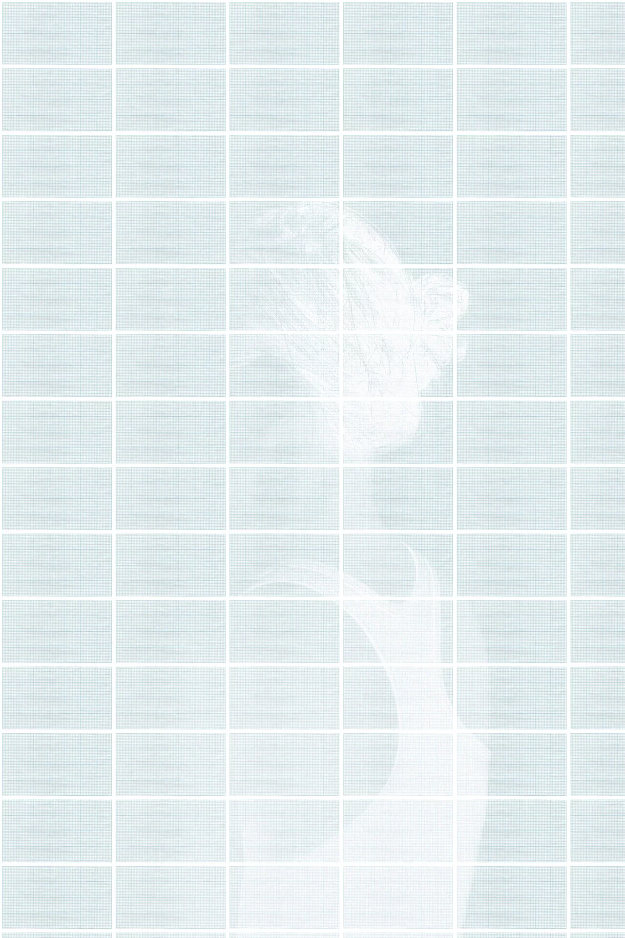 MATTHEW SWARTS A faint, white outline of a person with their hair tied up is visible through a translucent grid of white lines on a pale blue background, evoking the distinctive style of ART photographer Matthew Swarts. The person appears to be facing away.