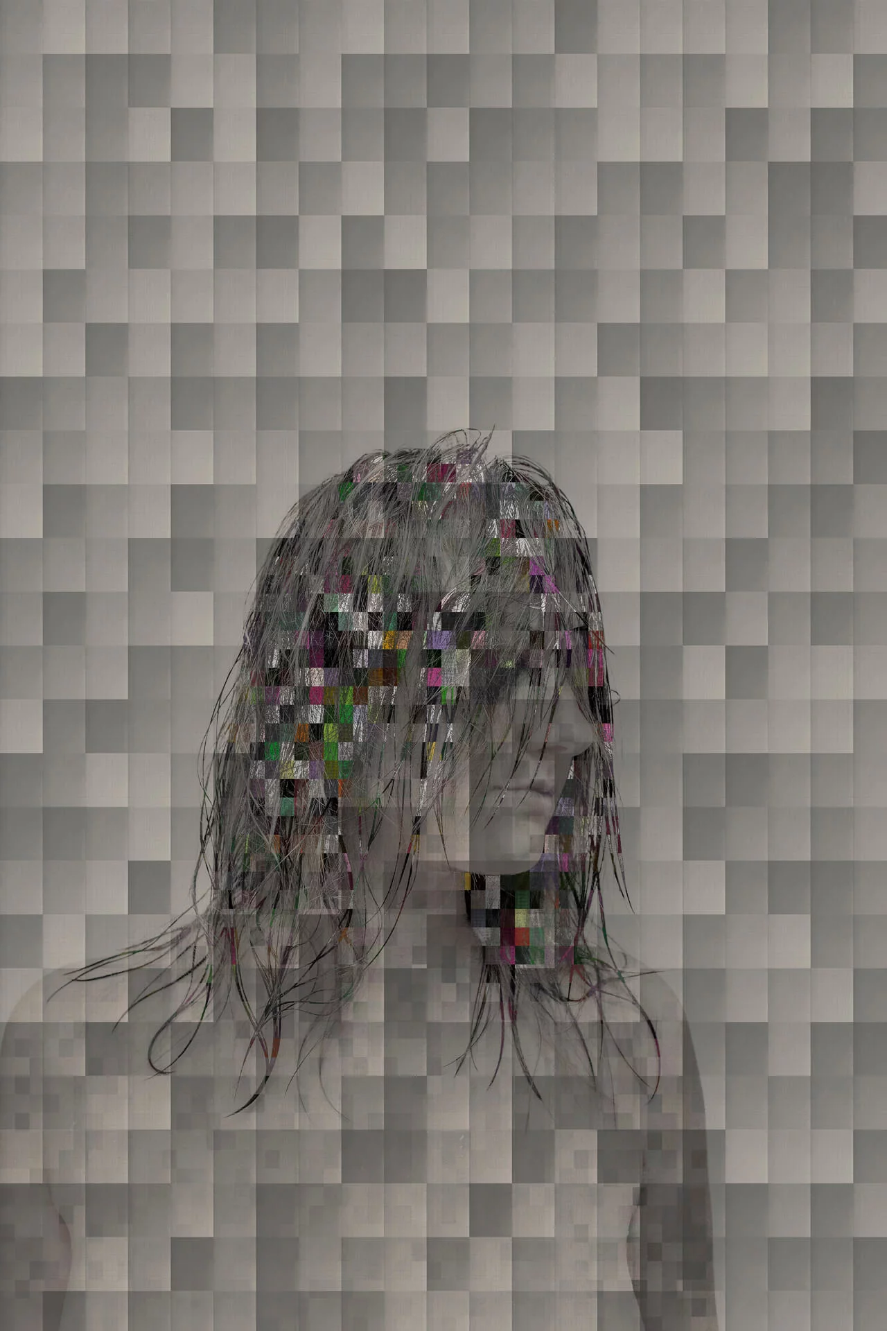 MATTHEW SWARTS A grayscale pixelated image of a person with long, wet hair. The hair and face are overlaid with colorful, glitch-like squares, blending the figure into a grid-like abstract background in a style reminiscent of CONTEMPORARY ART by Matthew Swarts.