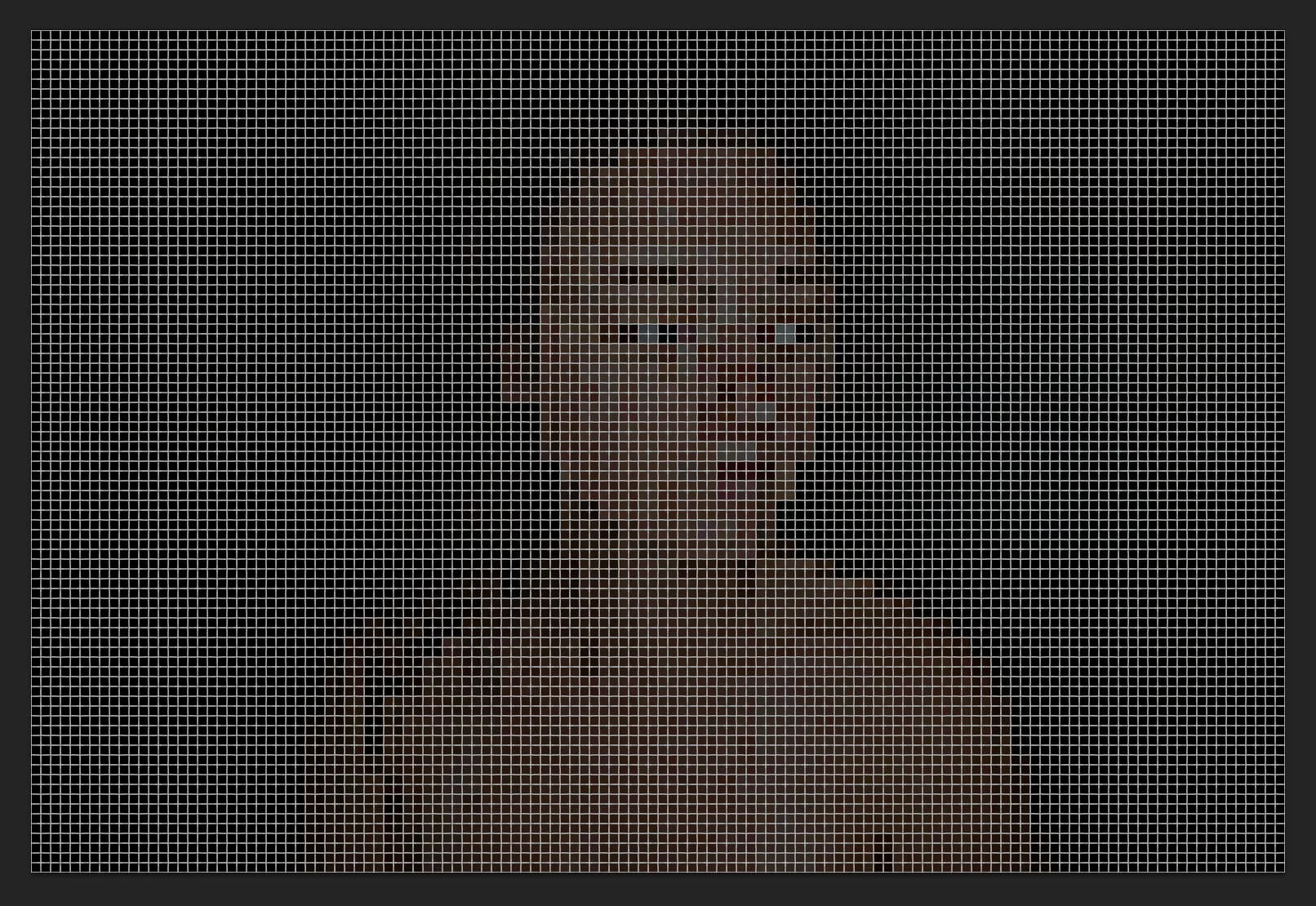 MATTHEW SWARTS A VISUAL digital image by photographer Matthew Swarts shows a person’s head and shoulders, partly obscured by horizontal white lines for a pixelated, muted effect. The dark background leaves the face only faintly visible.