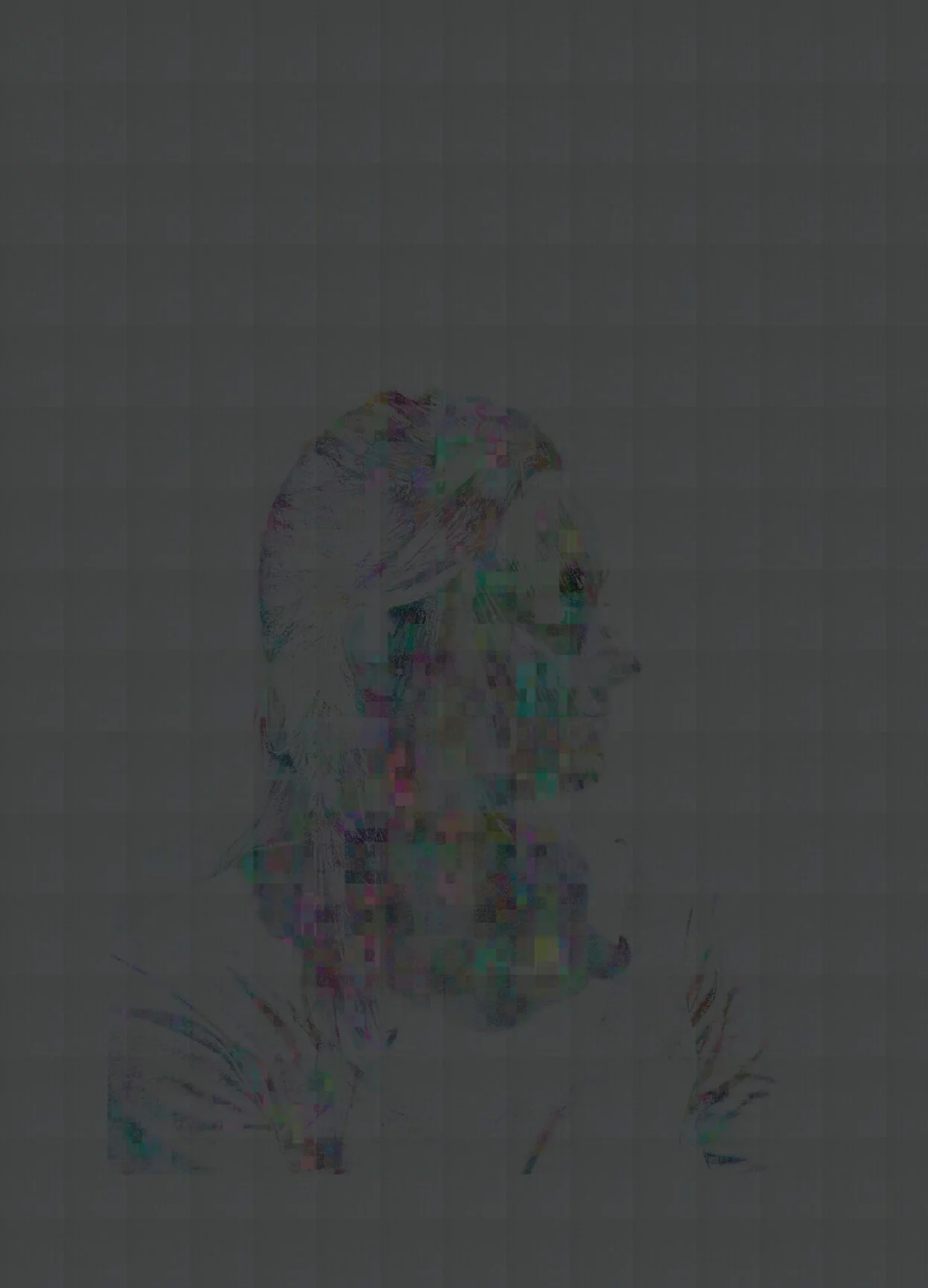 MATTHEW SWARTS A pixelated, abstract side profile of a person with long hair, rendered in colorful digital blocks against a dark, grid-like background. This contemporary visual artwork obscures facial features through bold distortion.