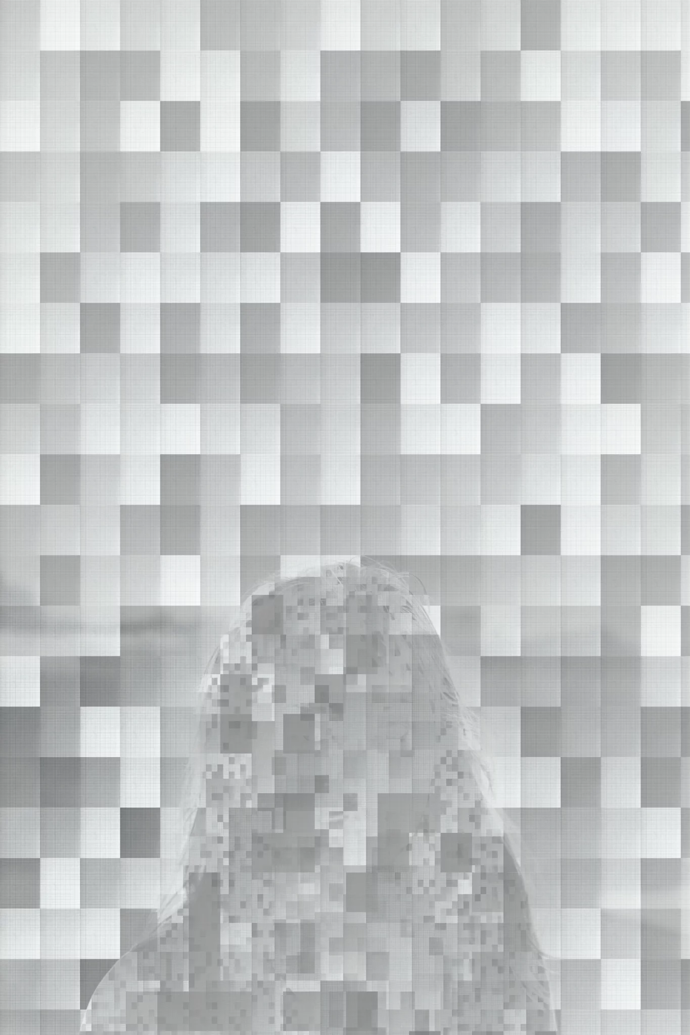 MATTHEW SWARTS A grayscale image by contemporary artist MATTHEW SWARTS shows a person standing outdoors, heavily pixelated to obscure facial features and details; a blurred landscape forms the background.