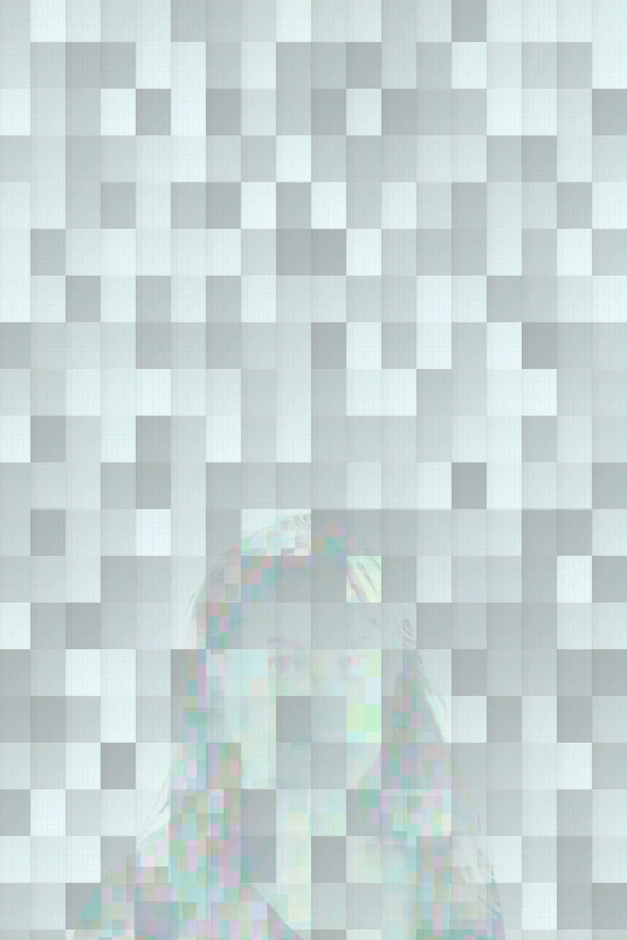 MATTHEW SWARTS A pixelated image with varying gray squares; faintly visible behind the pixels is the face and upper body of a person, partially obscured by digital distortion—a striking piece of contemporary art that evokes the vision of a photographer.