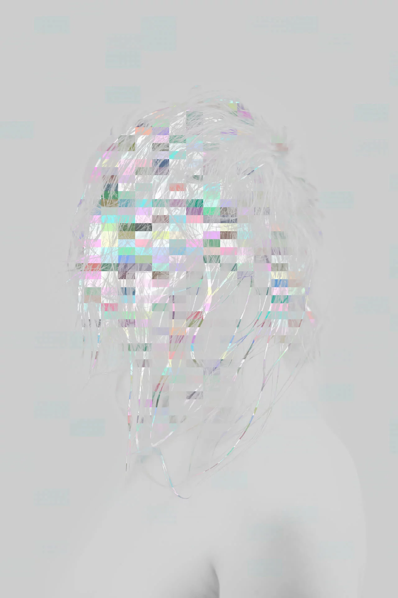MATTHEW SWARTS A person with long hair is shown in profile against a light gray background. Their face and hair appear fragmented and pixelated with iridescent, glitch-like digital effects, evoking the distinctive visual art style of Matthew Swarts.