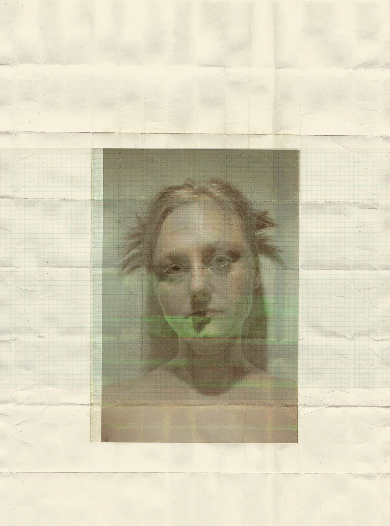 MATTHEW SWARTS A faded, artistic portrait by MATTHEW SWARTS features a person with short, tousled hair and a serious expression, centered on a textured, grid-paper background. The image exudes vintage, ethereal visual art qualities.