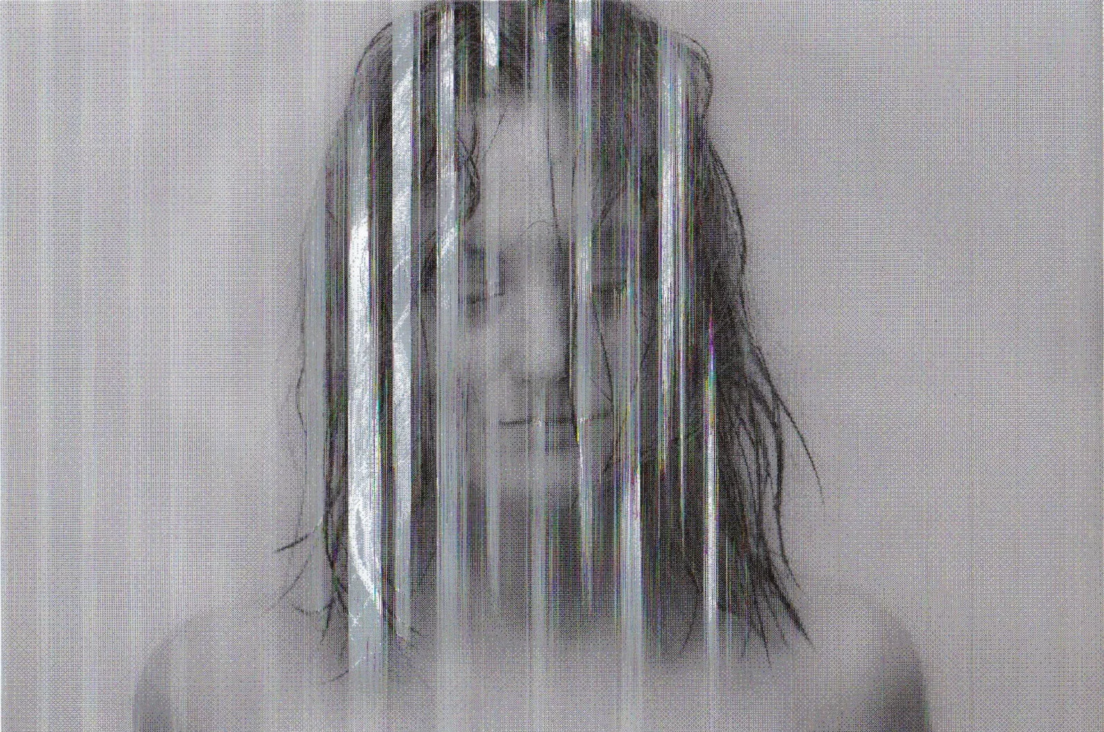 MATTHEW SWARTS A person with wet hair stands behind a rain-streaked glass surface as vertical water lines partially blur their face, creating a soft, distorted effect in this contemporary black and white PHOTOGRAPHY.