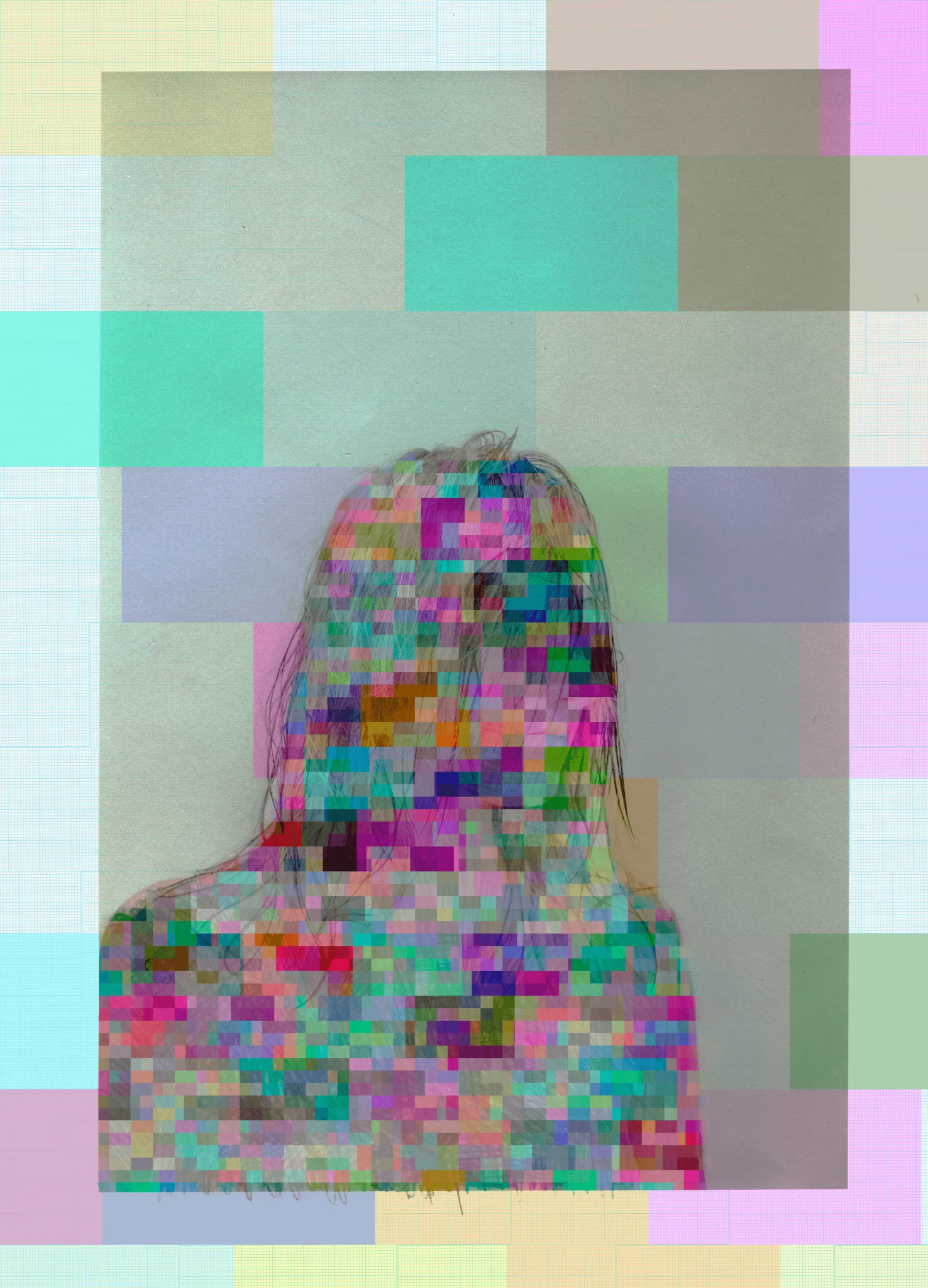 MATTHEW SWARTS A digital artwork by artist Matthew Swarts features a person’s silhouette partially obscured by colorful, pixelated blocks, creating a glitch effect on a neutral background. The face and upper body blend seamlessly into the vibrant rectangles.