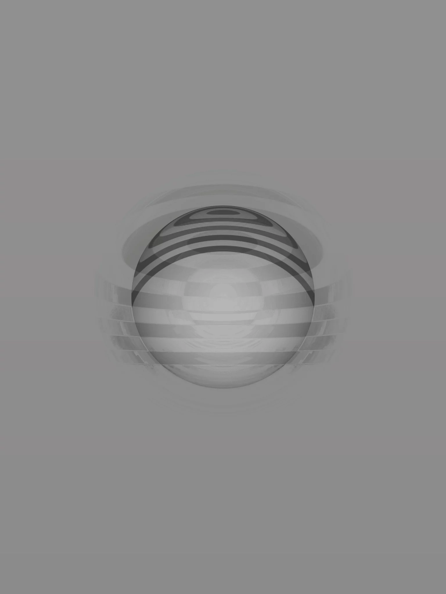 MATTHEW SWARTS A grayscale abstract image by artist Matthew Swarts features a central sphere with horizontal stripes and subtle circular patterns, set against a smooth gray background with faint, symmetrical lines radiating outward.