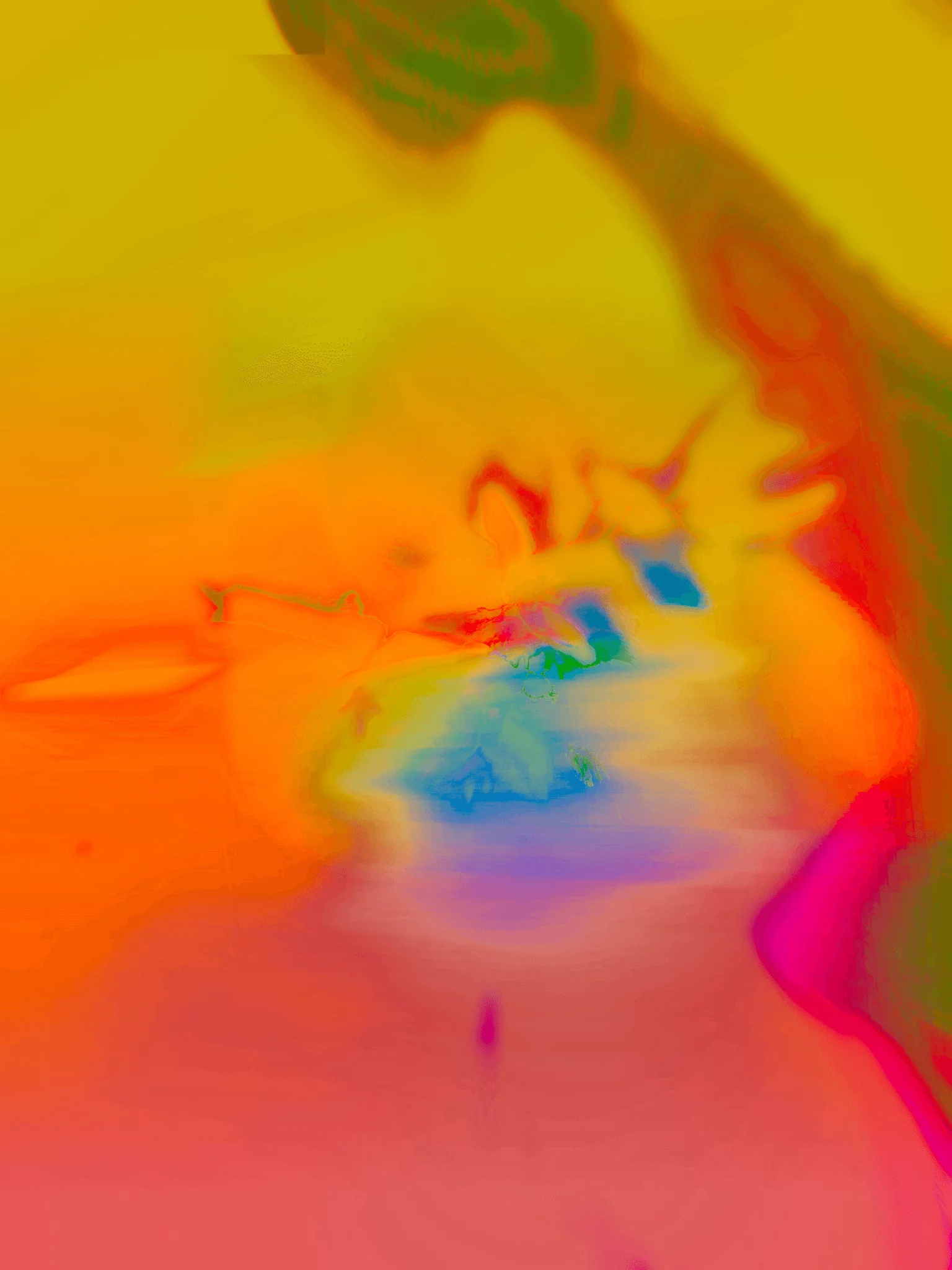 MATTHEW SWARTS A vibrant abstract ART image with swirling gradients of orange, yellow, red, pink, and blue, blending together in a fluid, dynamic pattern that suggests movement and energy.
