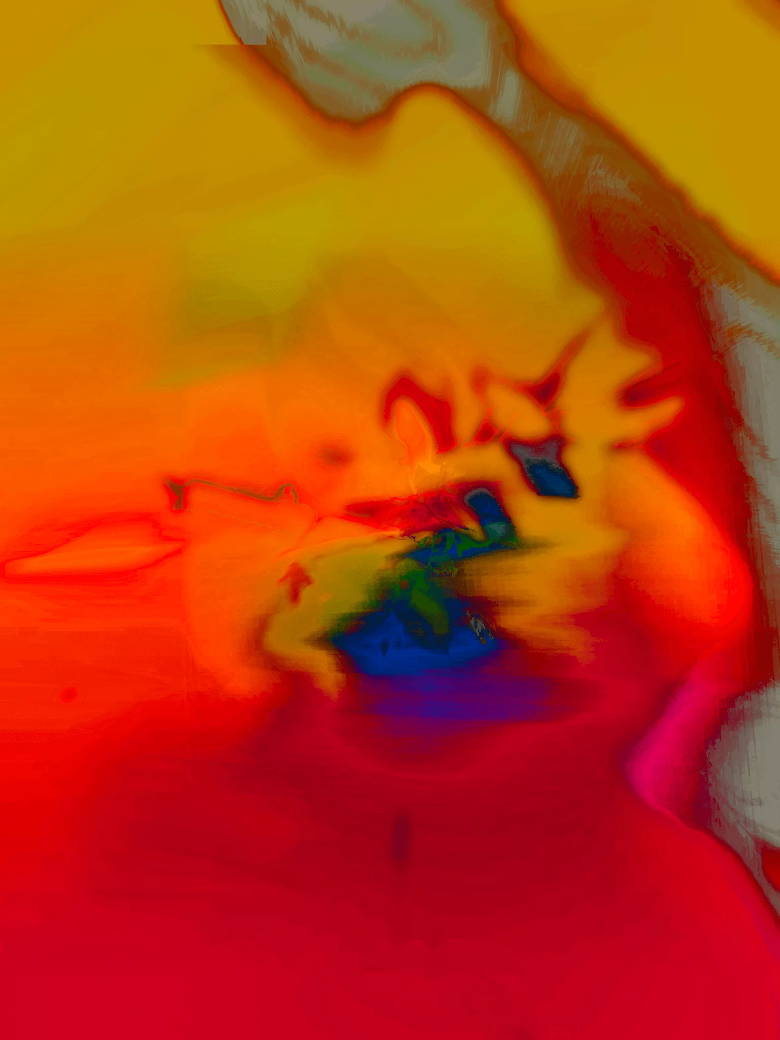 MATTHEW SWARTS Abstract digital artwork featuring vivid swirls of red, orange, yellow, and blue blending together. The bold shapes and high contrast evoke a sense of movement and energy, making this piece a striking example of visual art.