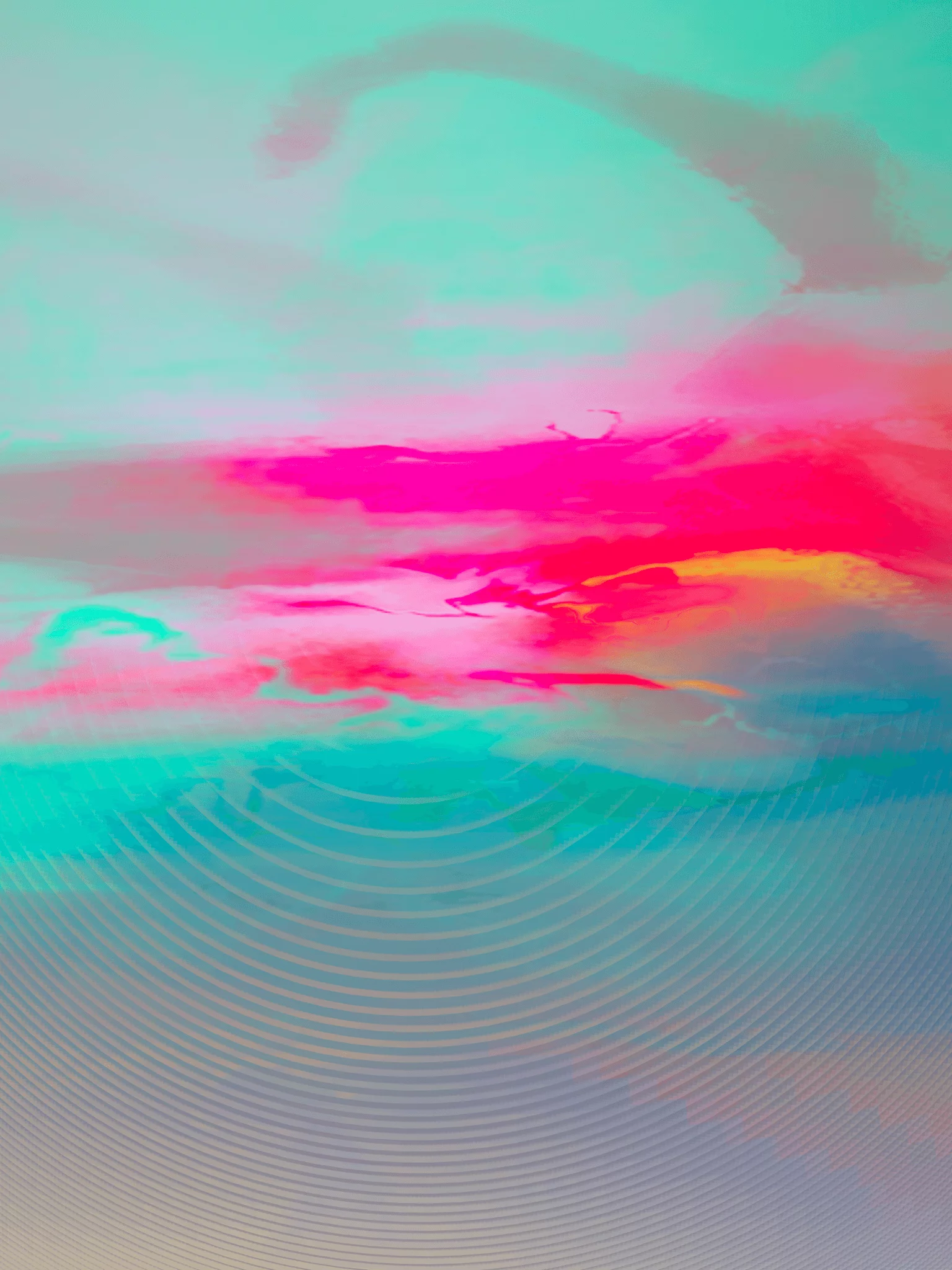 MATTHEW SWARTS Abstract digital artwork by an innovative artist, featuring vibrant pink, turquoise, and teal clouds that blend seamlessly. Subtle circular lines radiate from the lower center, creating a dreamy, ethereal effect reminiscent of imaginative art photography.
