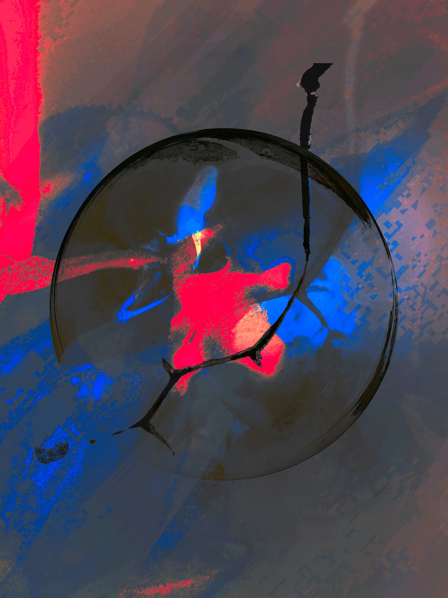 MATTHEW SWARTS Contemporary digital artwork featuring a dark, cracked sphere over a vivid background of bold red, blue, and gray brushstrokes, creating a dynamic and energetic visual effect for the modern artist.