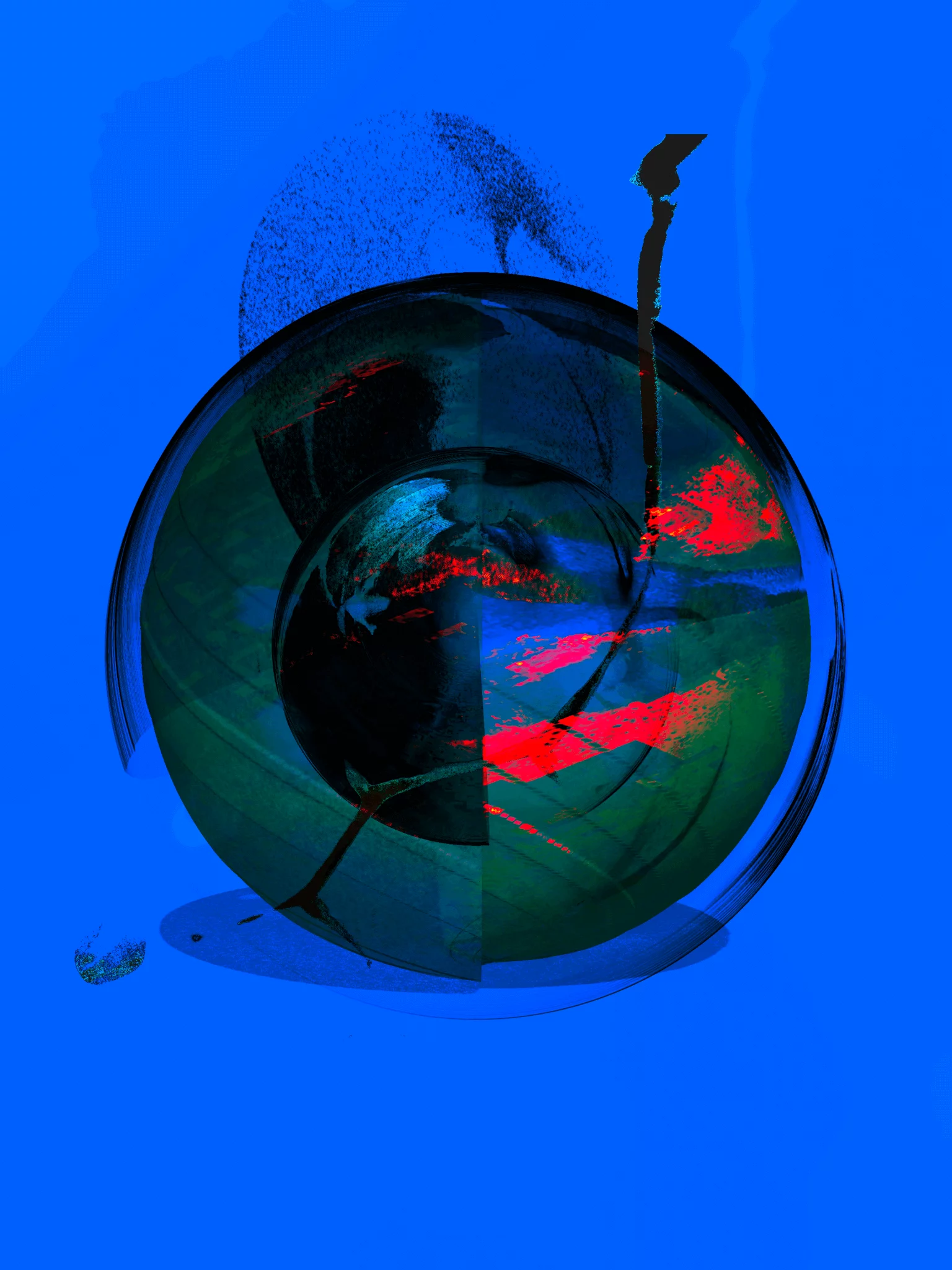 MATTHEW SWARTS Abstract digital art by a visual artist featuring a dark, glass-like sphere with green, black, and bright red streaks, set against a vivid blue background. Dynamic textures and splashes create a sense of motion and depth.