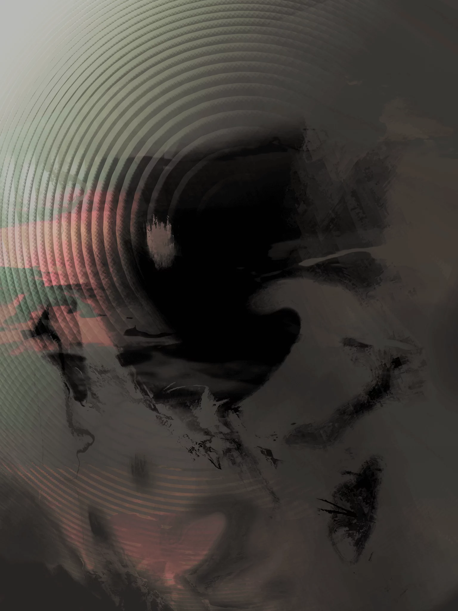 MATTHEW SWARTS Abstract digital artwork in a contemporary style, featuring concentric circular patterns in soft green and pink hues, with dark, smoky textures and brush strokes blending across the image, evoking depth and motion reminiscent of Matthew Swarts' photography.
